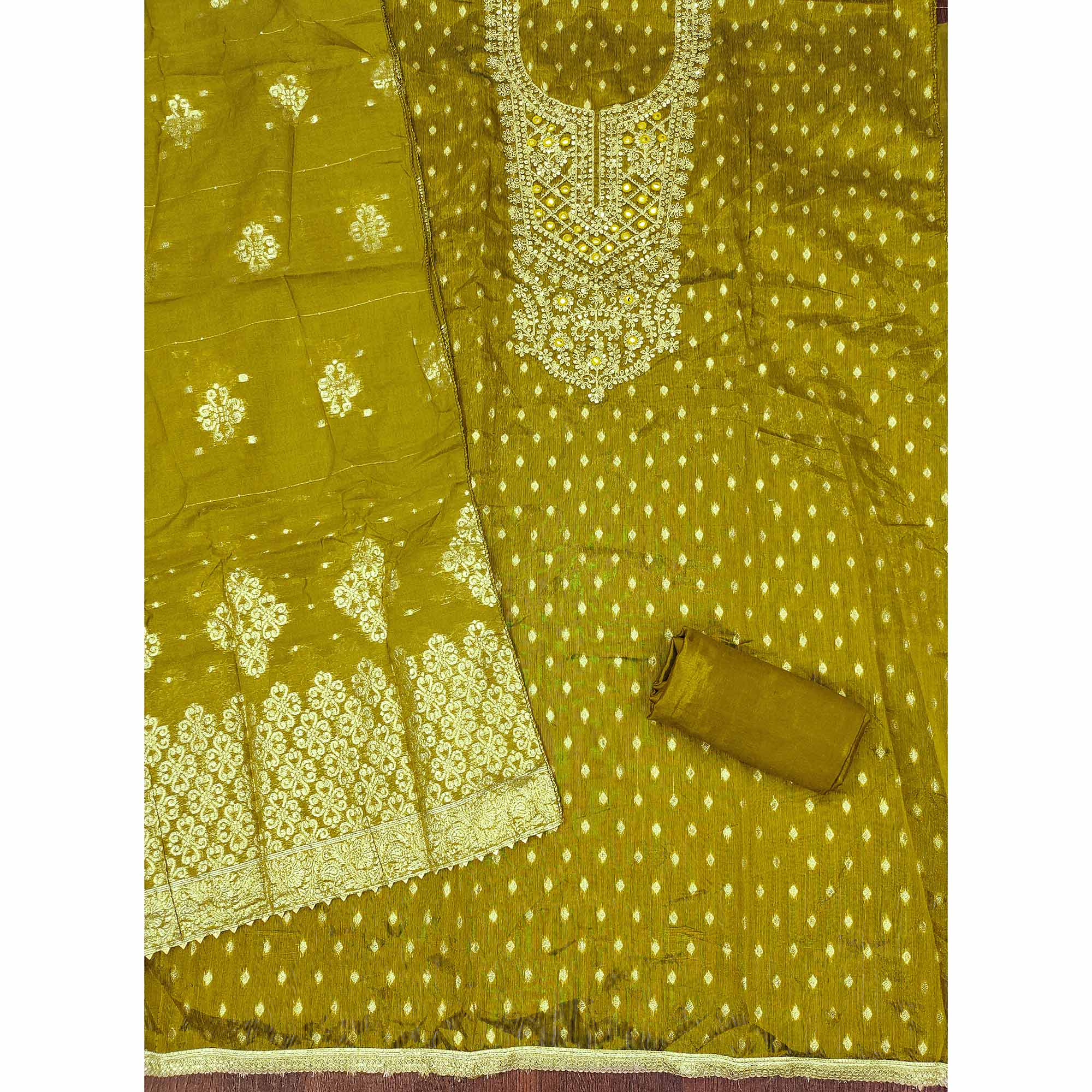 Olive Embroidered Shimmer Fabric with Beautiful Zari Work for Unstitched Suits