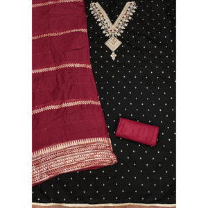 Festive Black Chanderi Silk Suit Material with Detailed Zari Weaving and Hand Embroidery