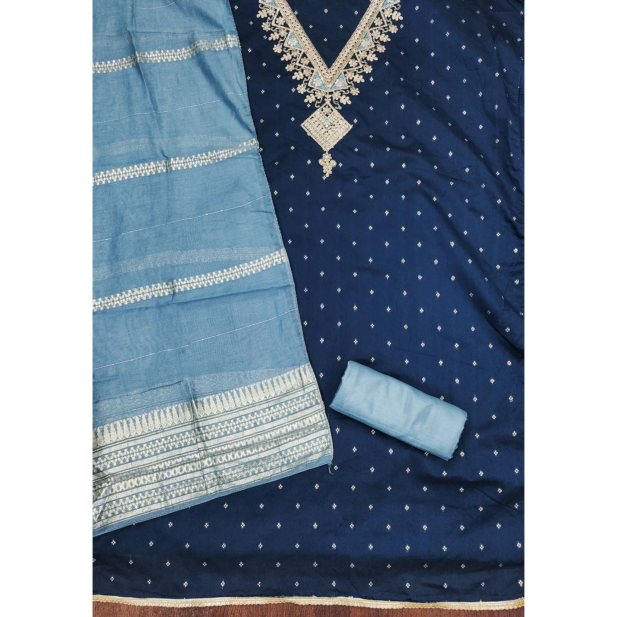 Festive Blue Chanderi Silk Suit Material with Detailed Zari Weaving and Hand Embroidery