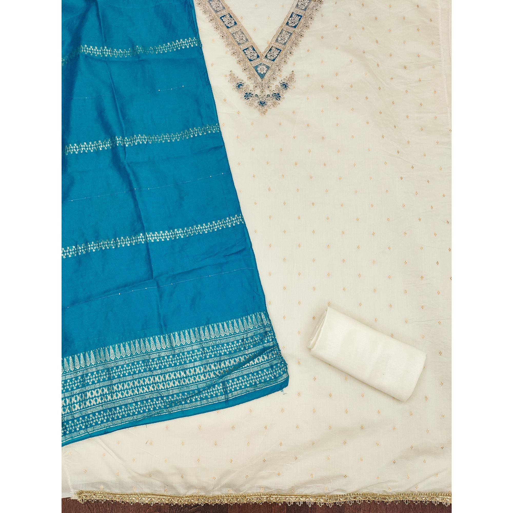 Off-White & Blue Chanderi Silk Unstitched Dress Material with Zari Weaving and Embroidery