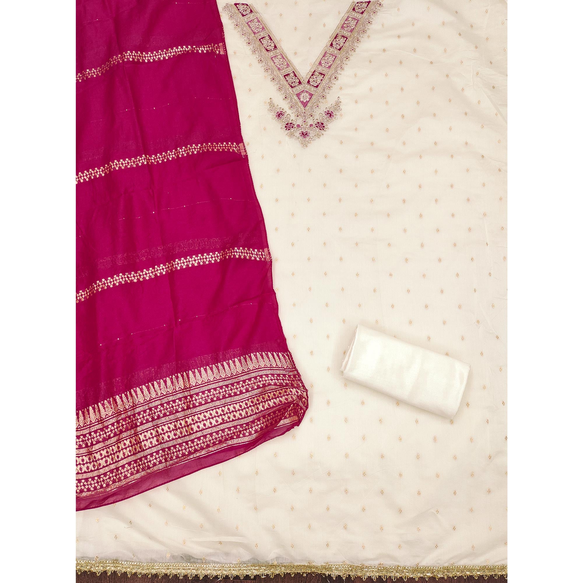 Off-White & Pink Chanderi Silk Unstitched Dress Material with Zari Weaving and Embroidery