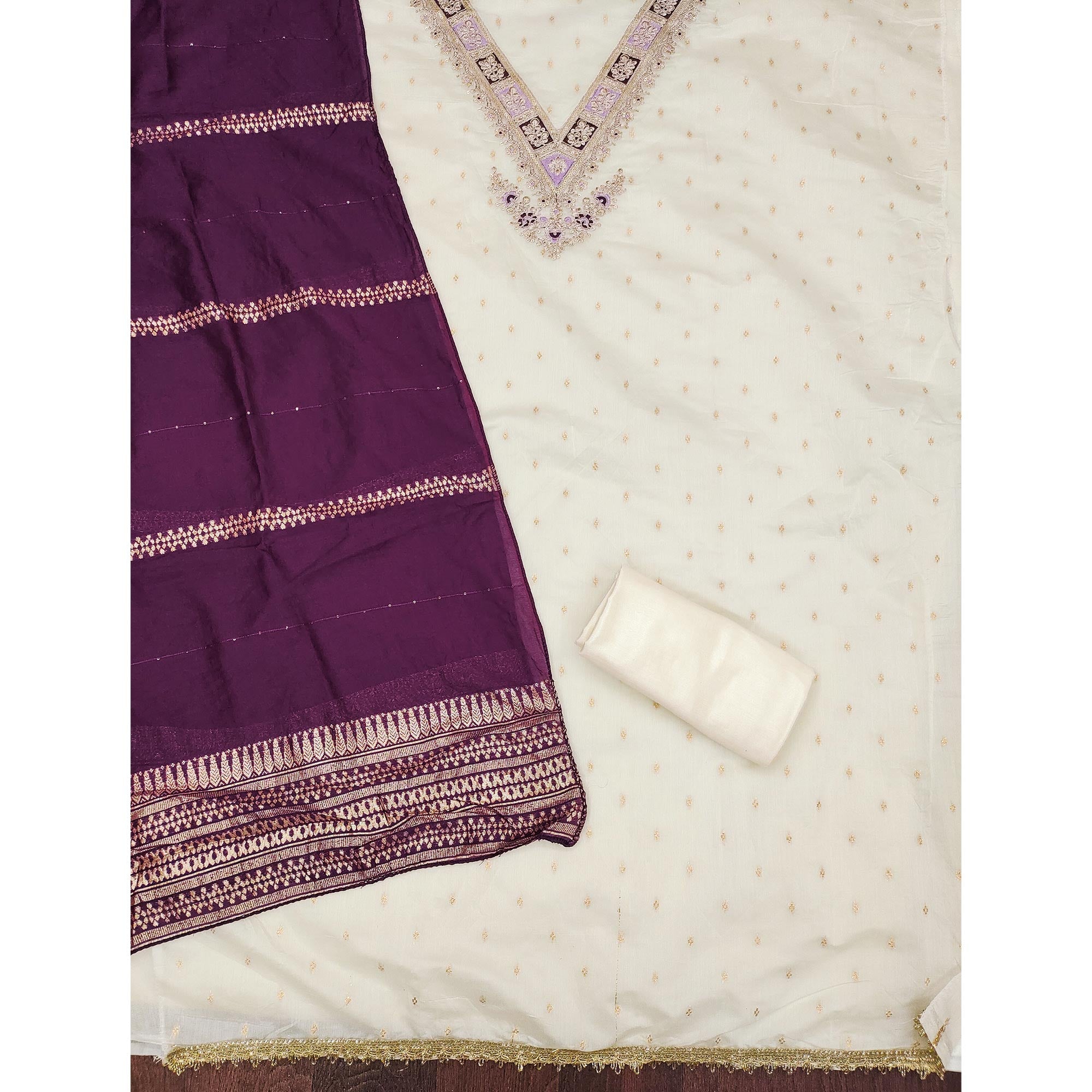 Off-White & Purple Chanderi Silk Unstitched Dress Material with Zari Weaving and Embroidery