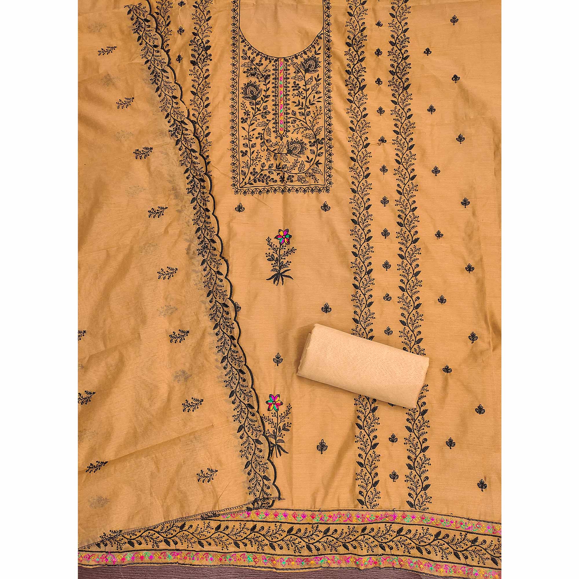 Chikoo Chanderi Cotton Dress Material Accented With Delicate Floral Thread Work