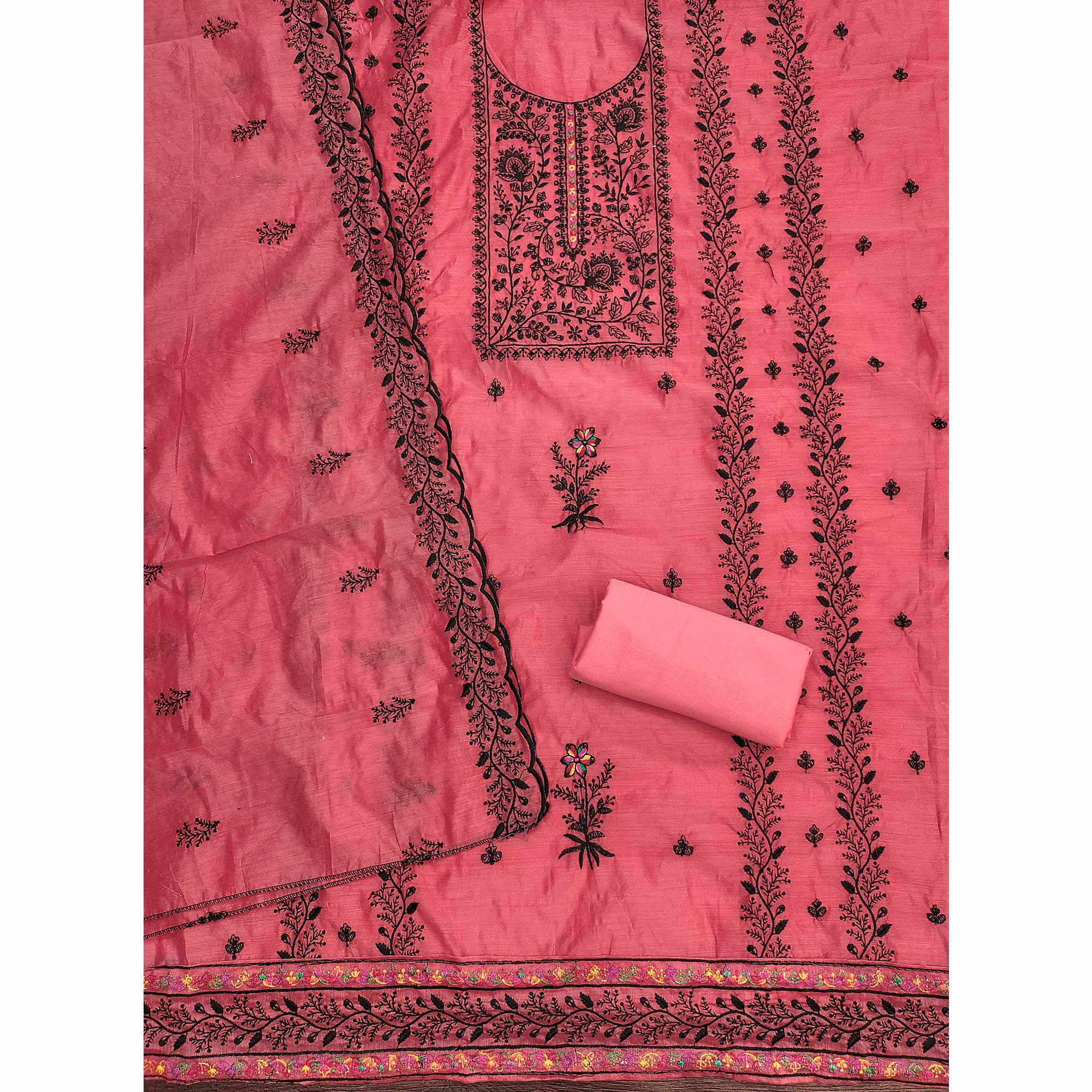 Gajari Pink Chanderi Cotton Dress Material Accented With Delicate Floral Thread Work