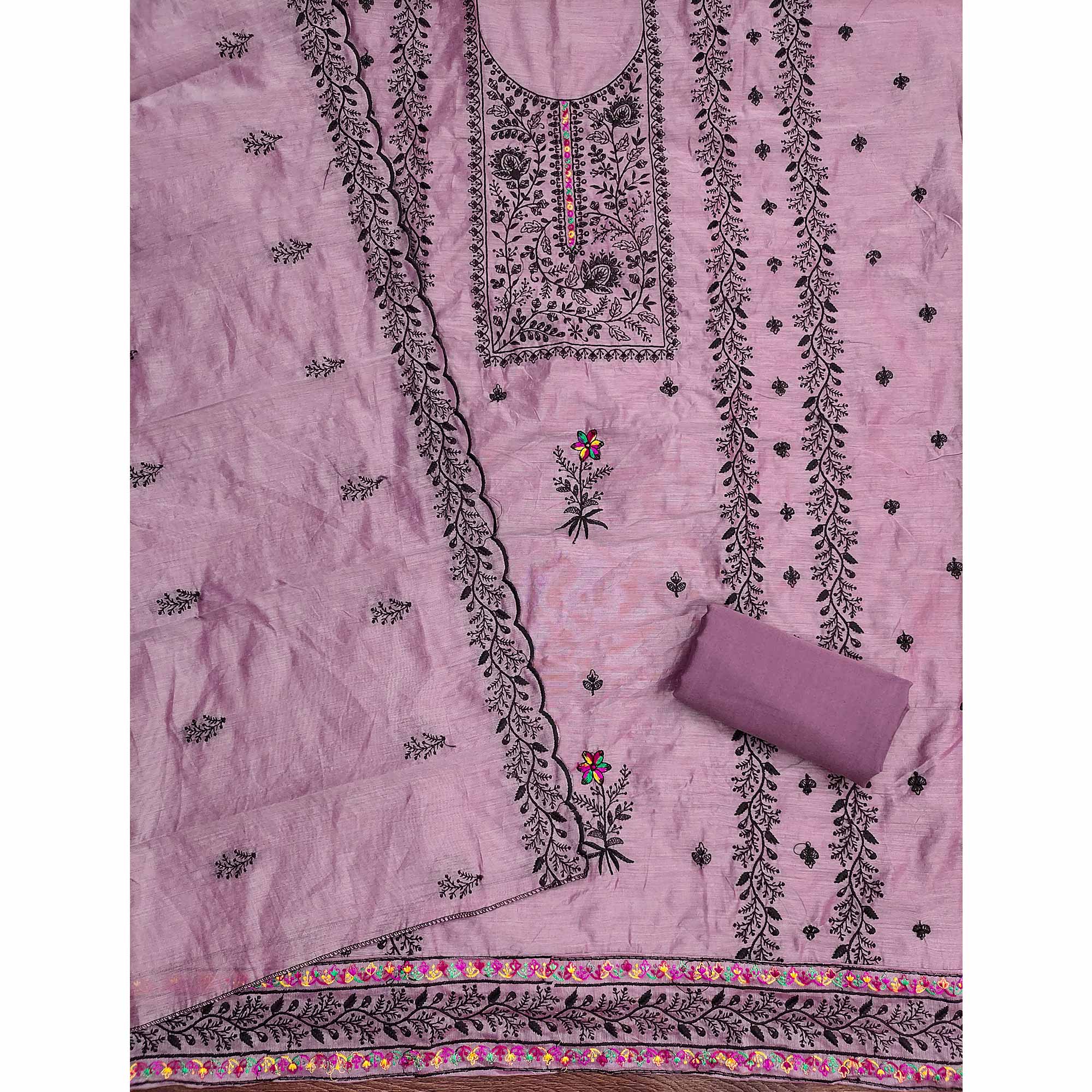 Lavender Chanderi Cotton Dress Material Accented With Delicate Floral Thread Work