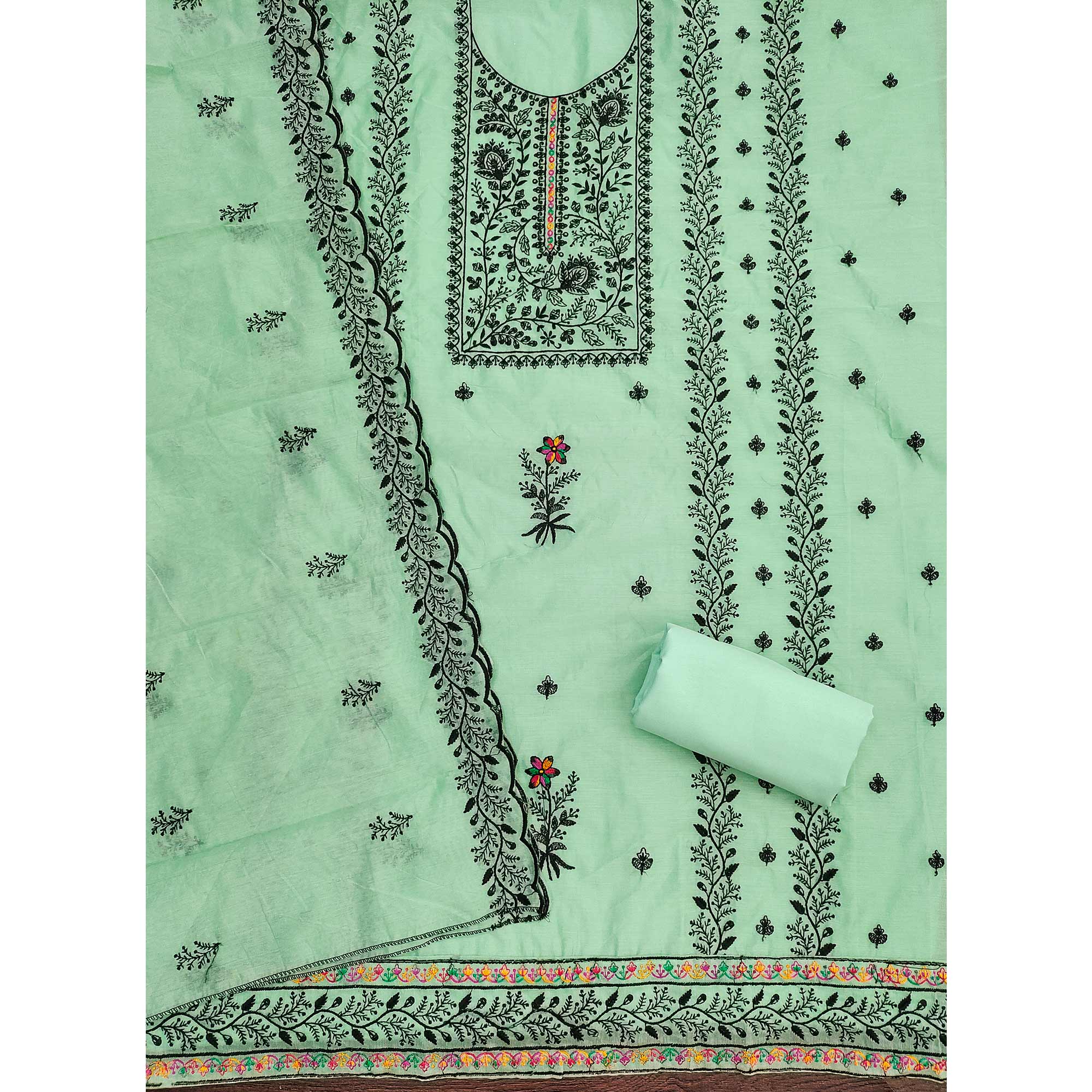 Sea Green Chanderi Cotton Dress Material Accented With Delicate Floral Thread Work