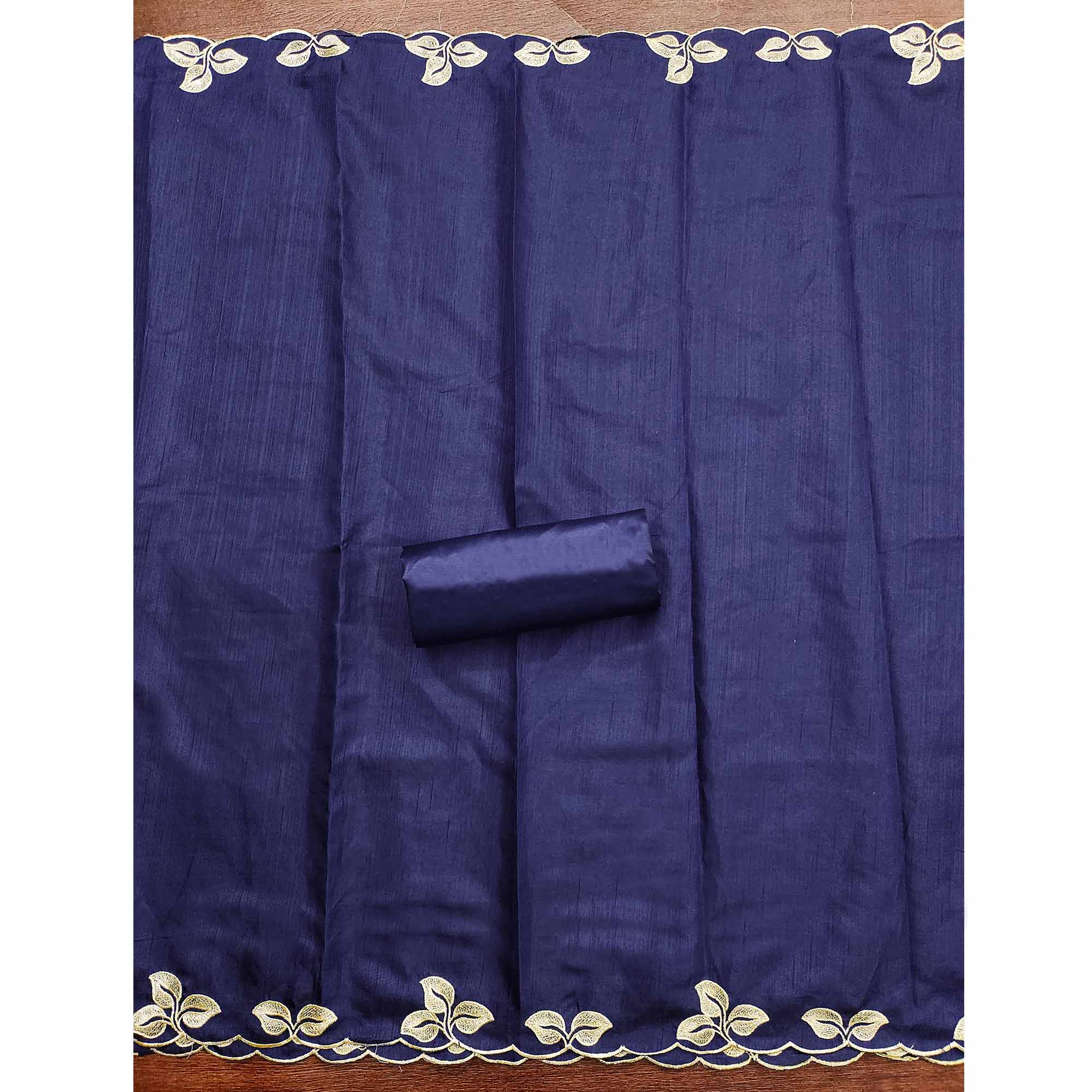 Classic Navy Blue Heavy Embroidered Cotton Blend Dress Material With Floral Thread Detailing