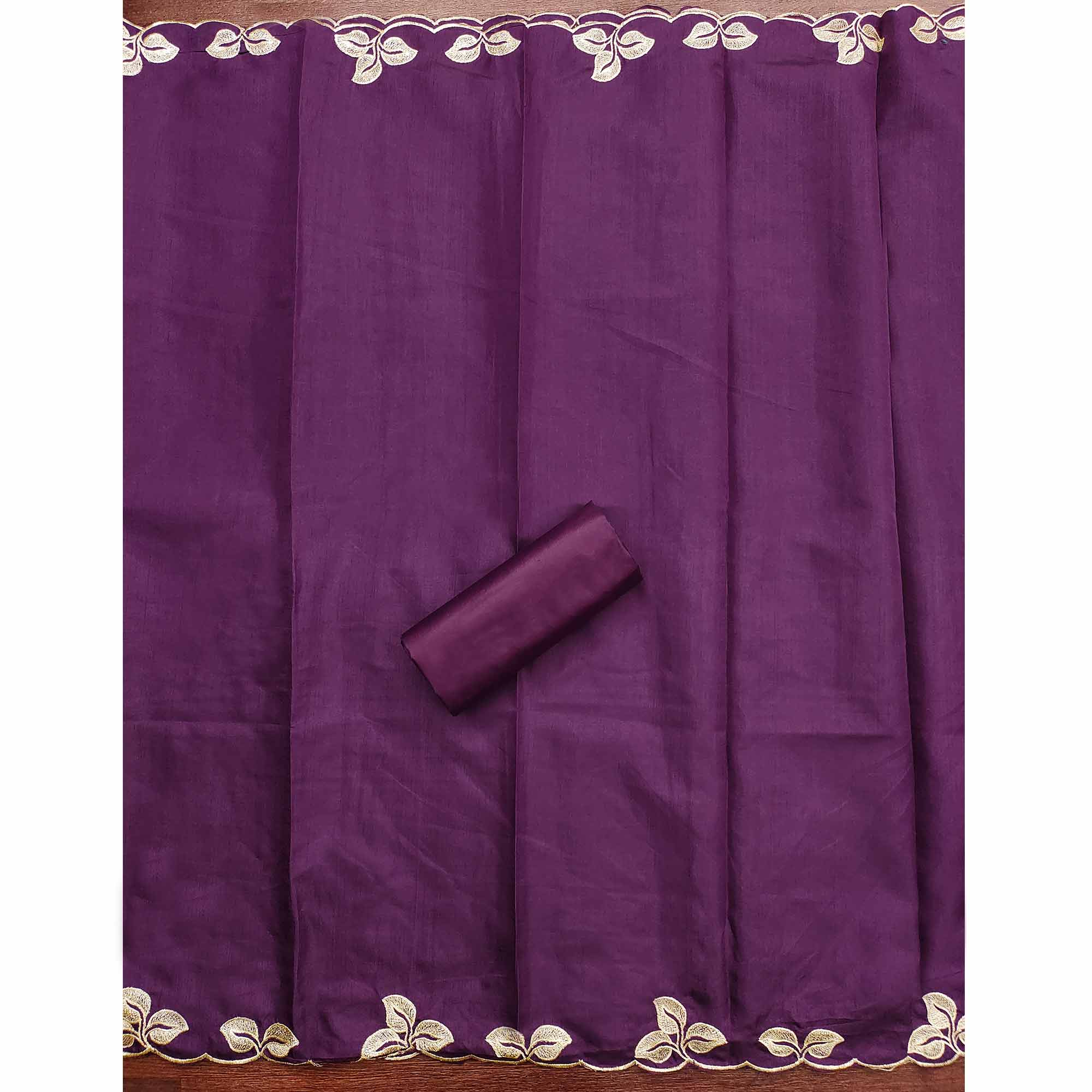 Classic Purple Heavy Embroidered Cotton Blend Dress Material With Floral Thread Detailing
