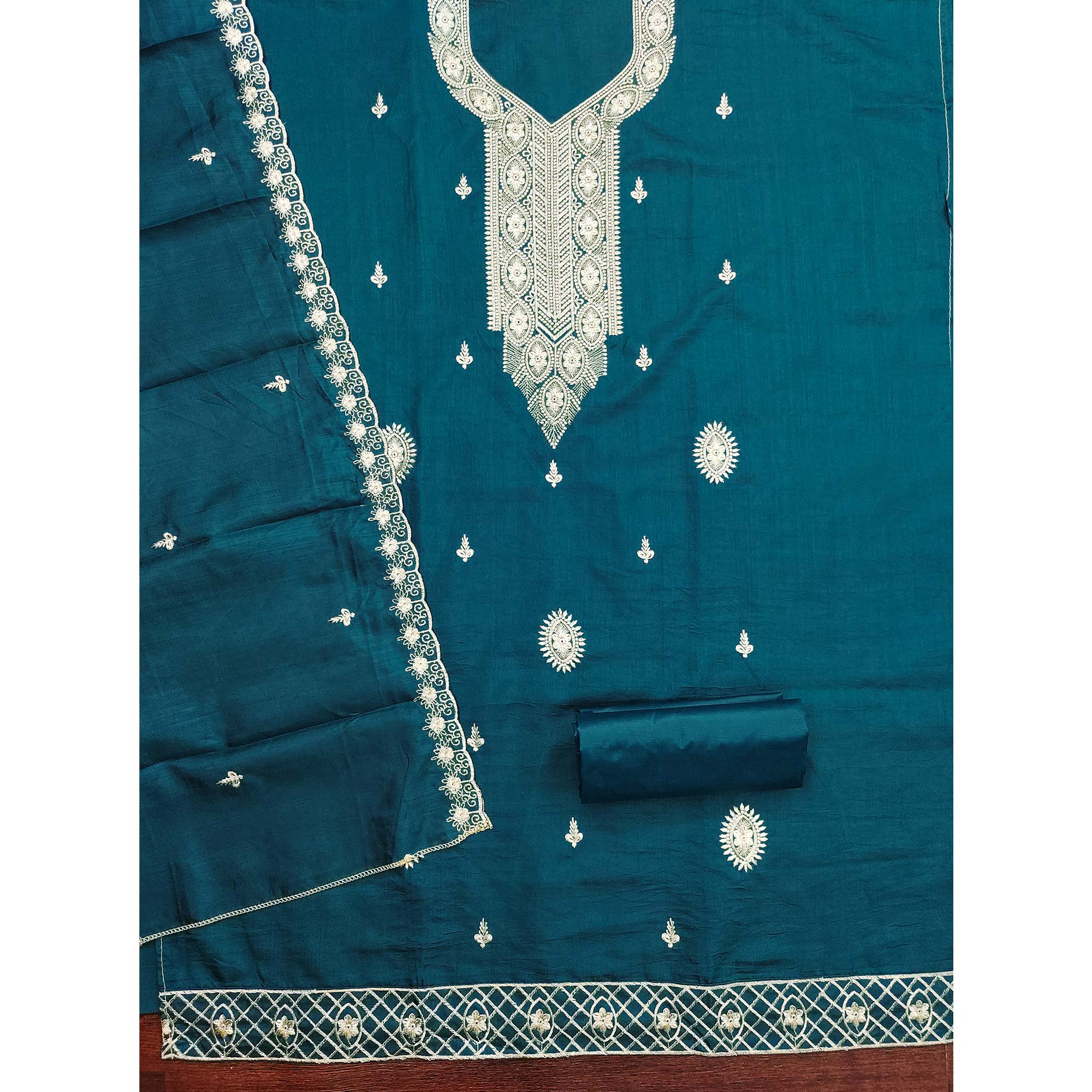 Blue Dress Material In Cotton Blend Featuring Exquisite Floral Embroidery
