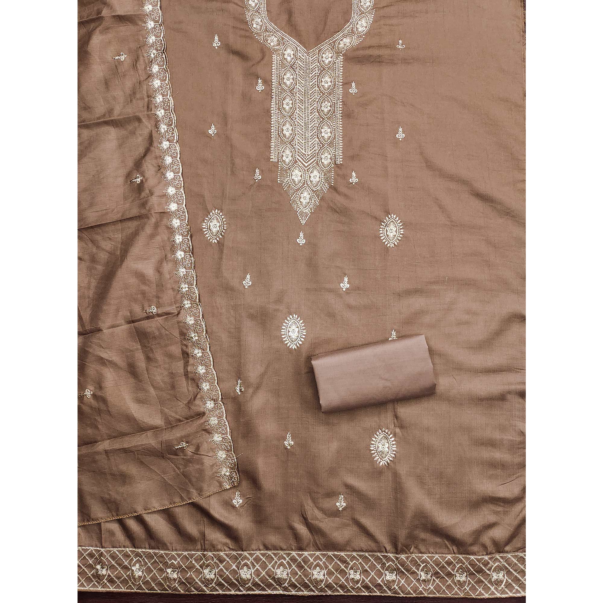 Brown Dress Material In Cotton Blend Featuring Exquisite Floral Embroidery