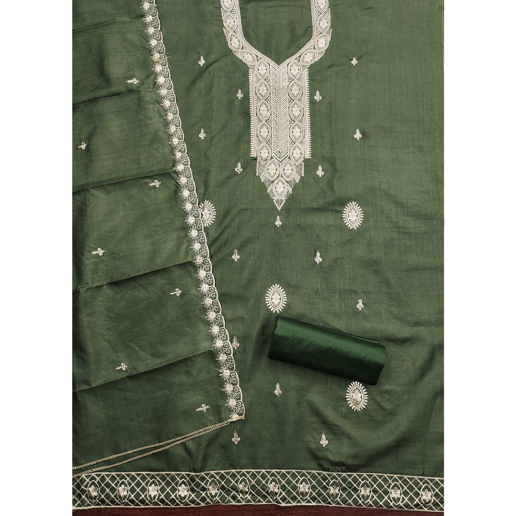Green Dress Material In Cotton Blend Featuring Exquisite Floral Embroidery