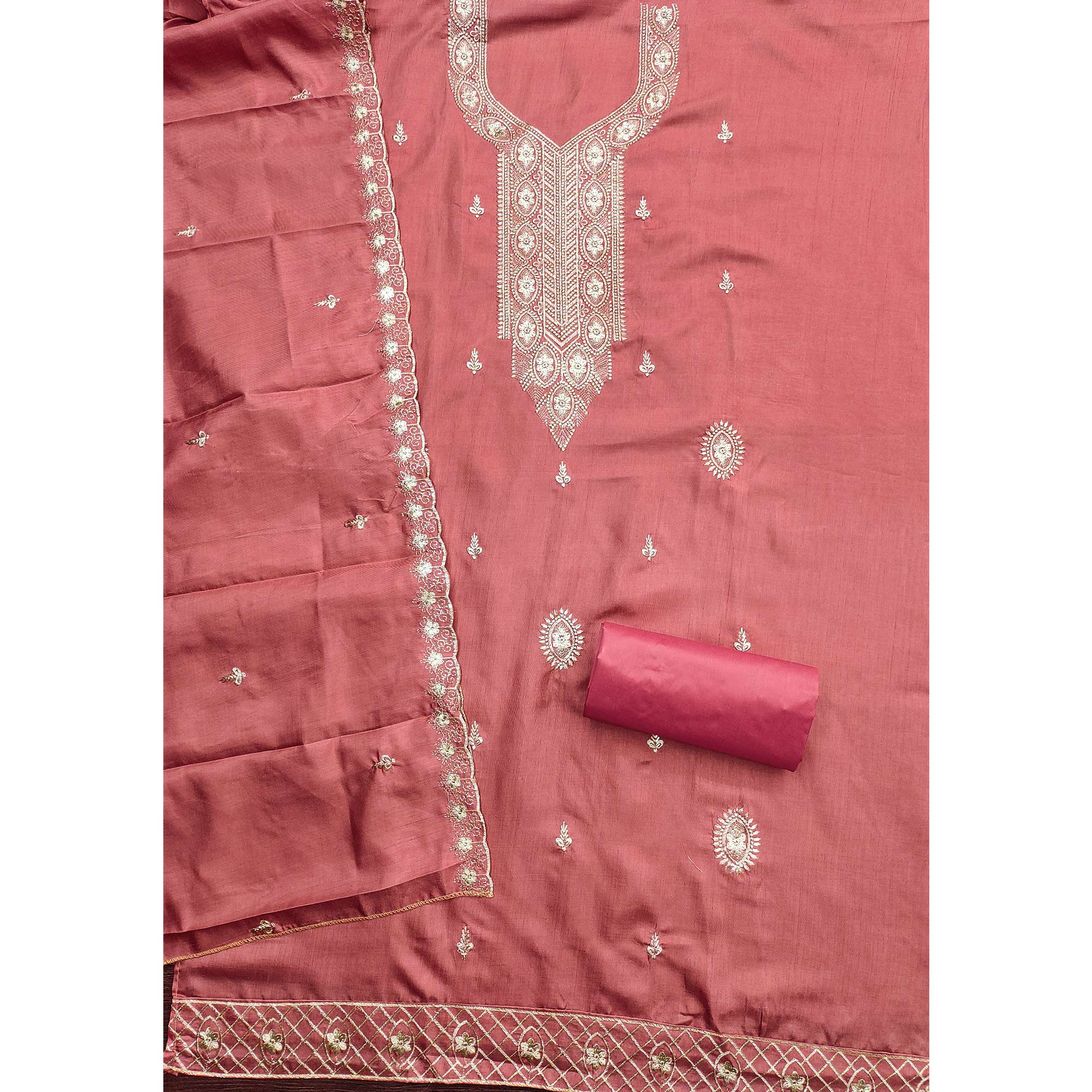 Pink Dress Material In Cotton Blend Featuring Exquisite Floral Embroidery