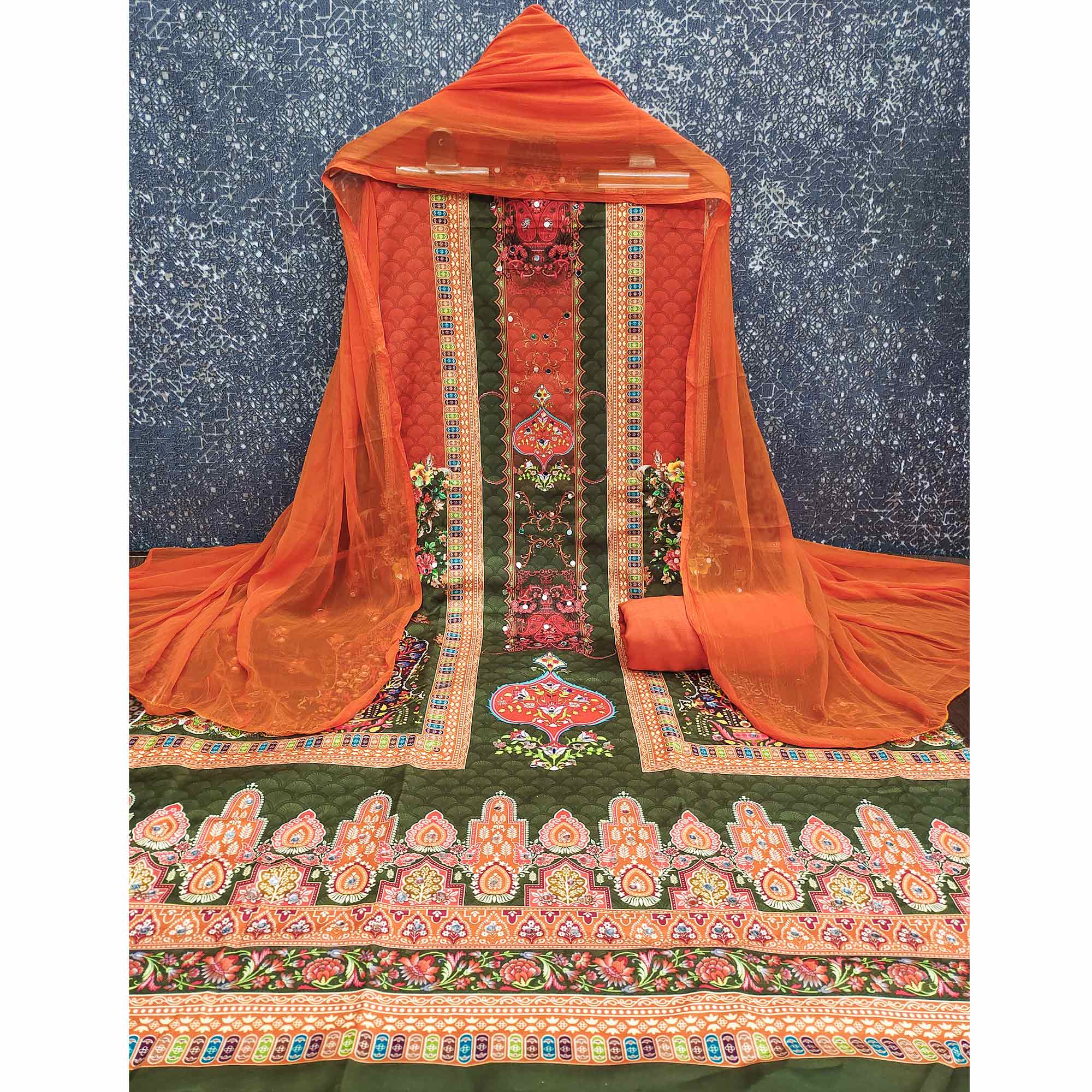 Stylish Green Floral Digital Printed Rayon Dress Material Adorned With Mirror Embellishments