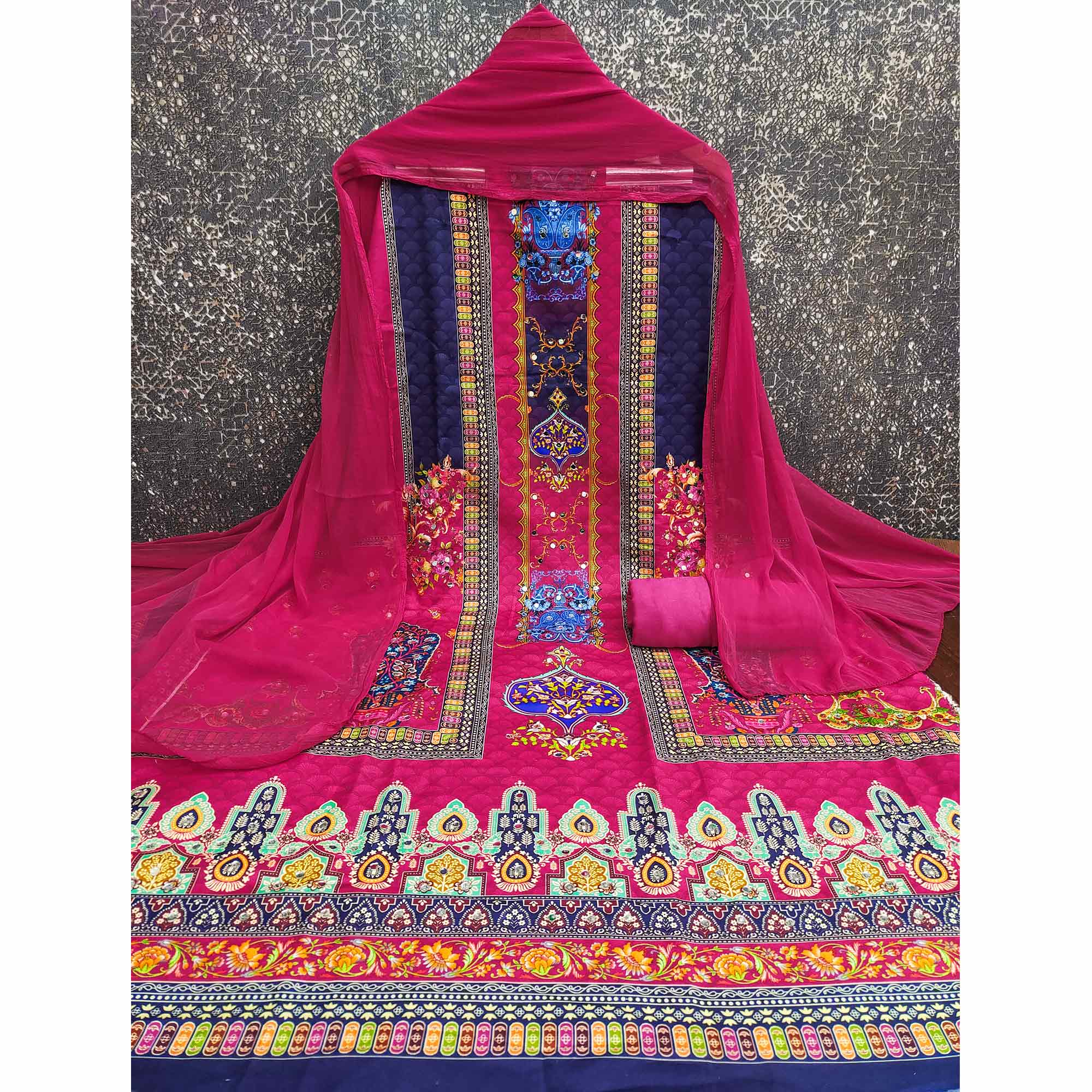 Stylish Rani Pink Floral Digital Printed Rayon Dress Material Adorned With Mirror Embellishments