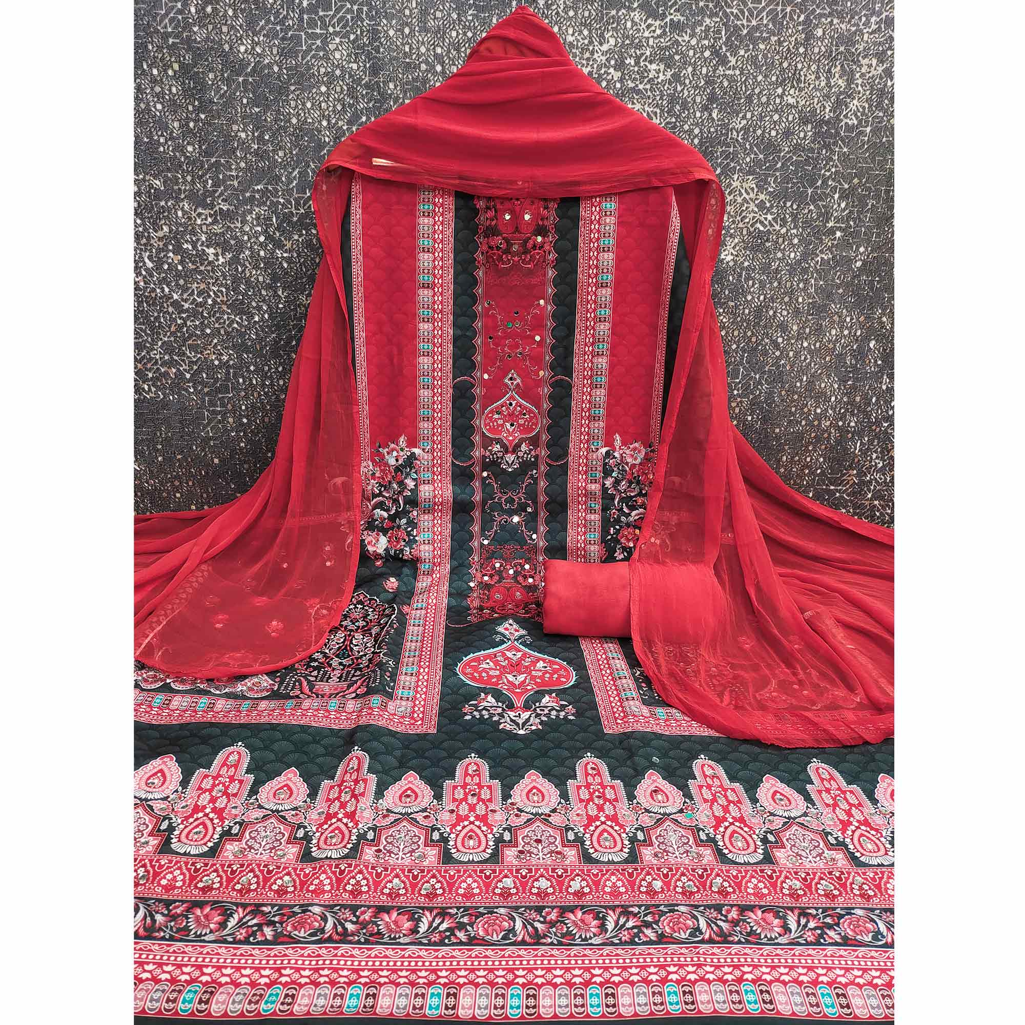 Stylish Teal Floral Digital Printed Rayon Dress Material Adorned With Mirror Embellishments