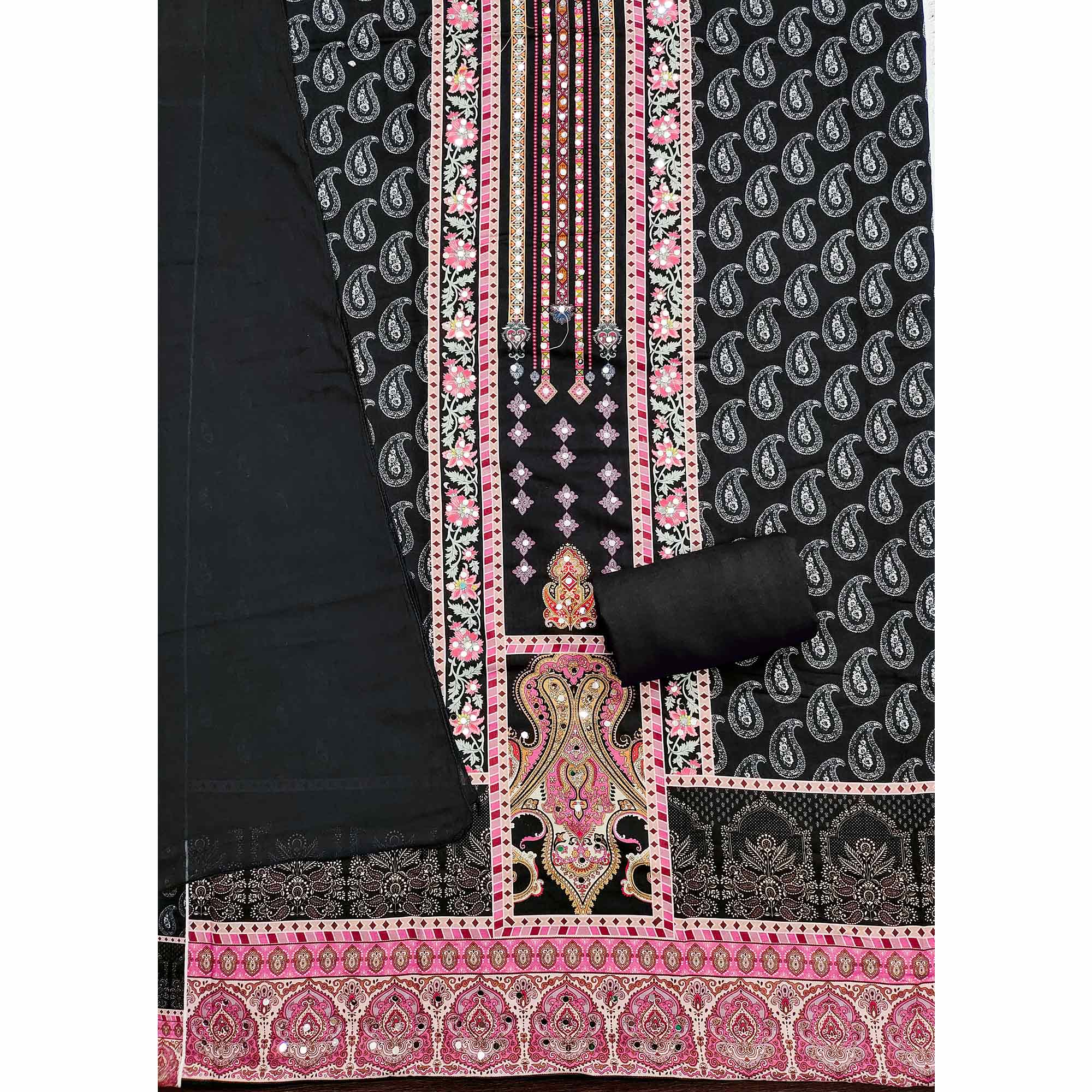 Black Paisley & Floral Digital Printed Rayon Dress Material With Intricate Mirror Work