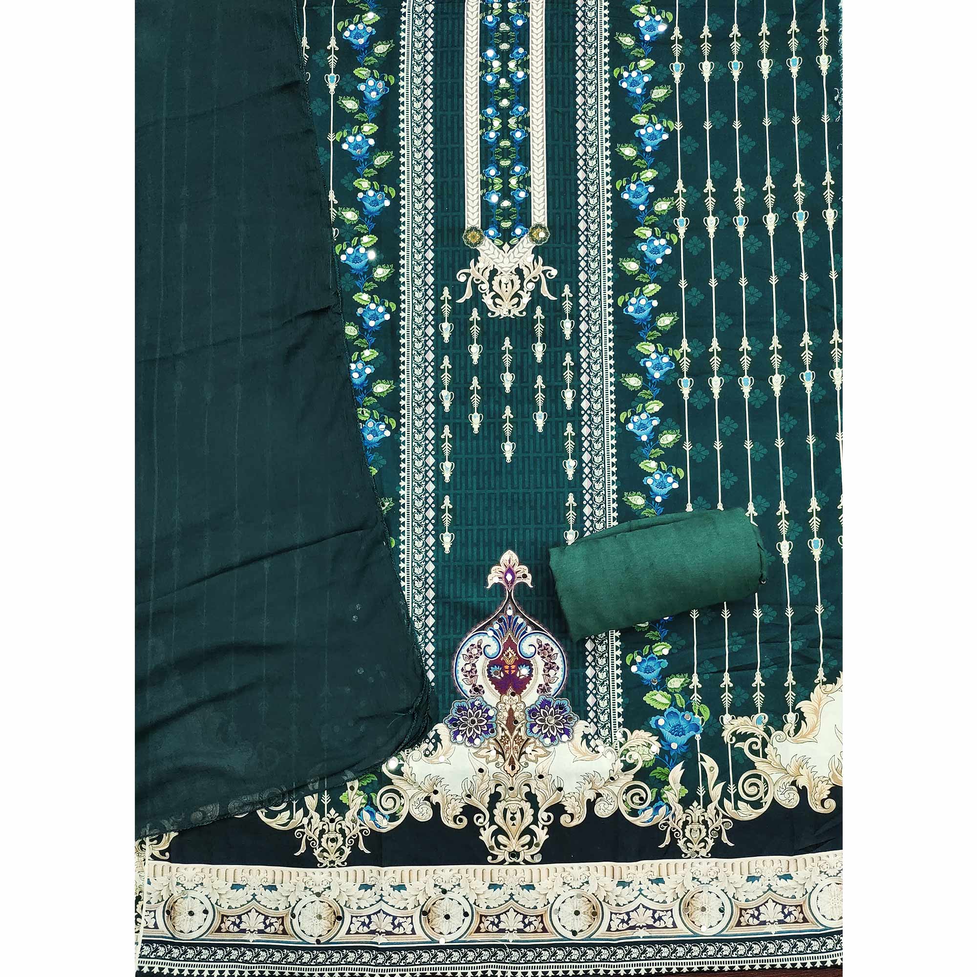 Green Floral Digital Printed Rayon Dress Material Highlighted With Mirror Work