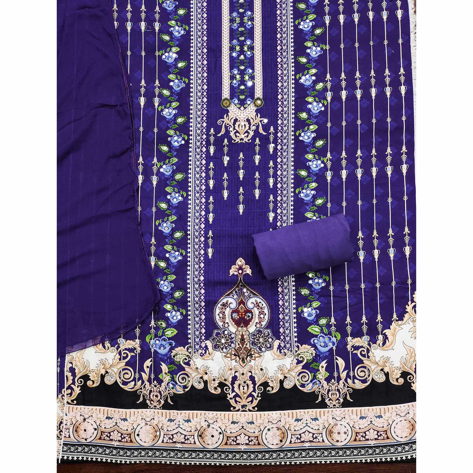 Royal Purple Floral Digital Printed Rayon Dress Material Highlighted With Mirror Work