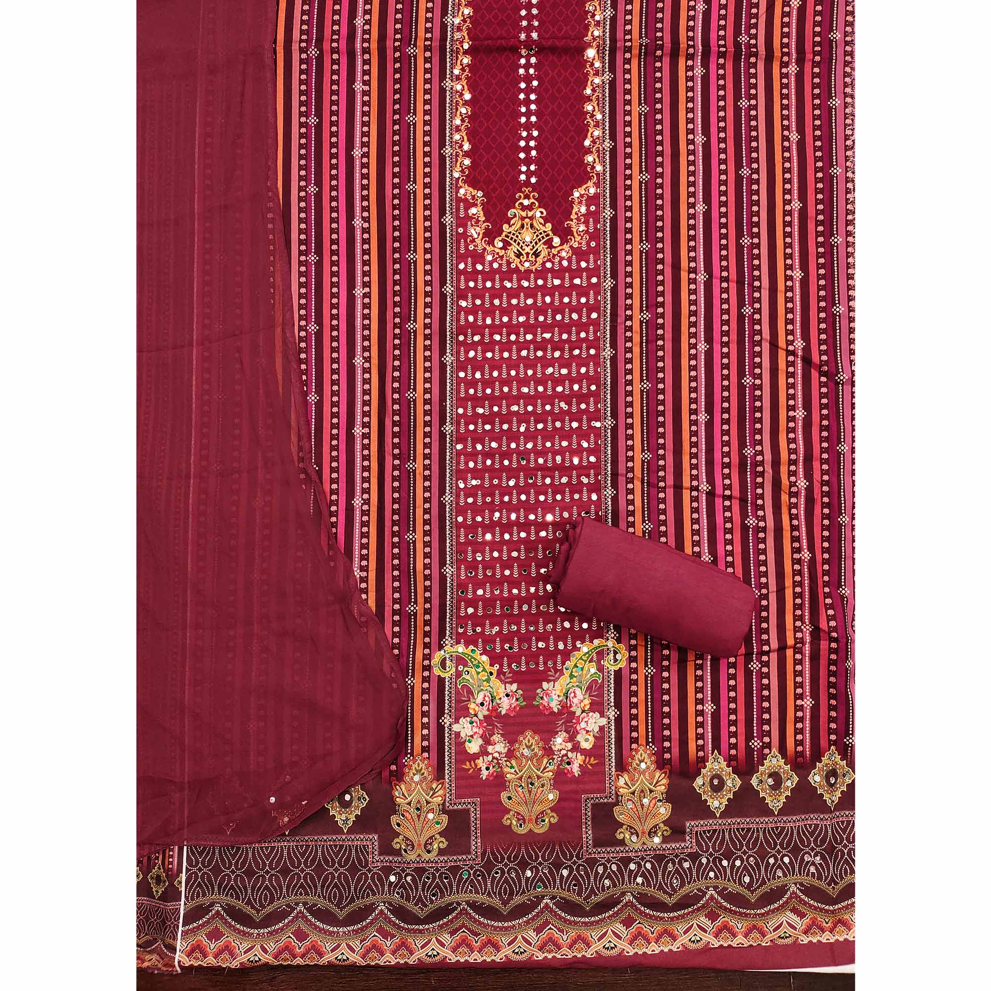 Maroon Rayon Dress Material With Floral Digital Print & Sparkling Mirror Accents