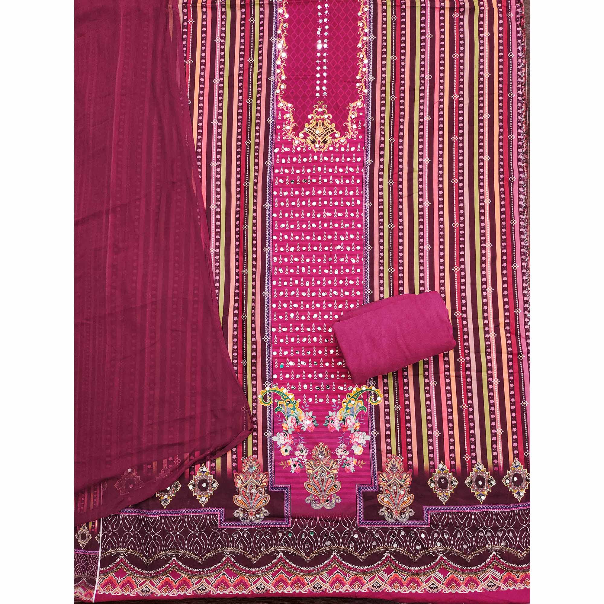 Pink Rayon Dress Material With Floral Digital Print & Sparkling Mirror Accents