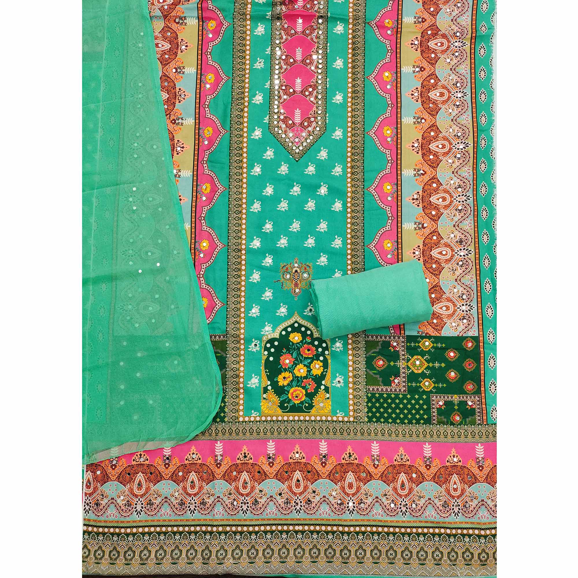 Sea Green Floral Digital Printed Rayon Dress Material Enhanced With Mirror Work
