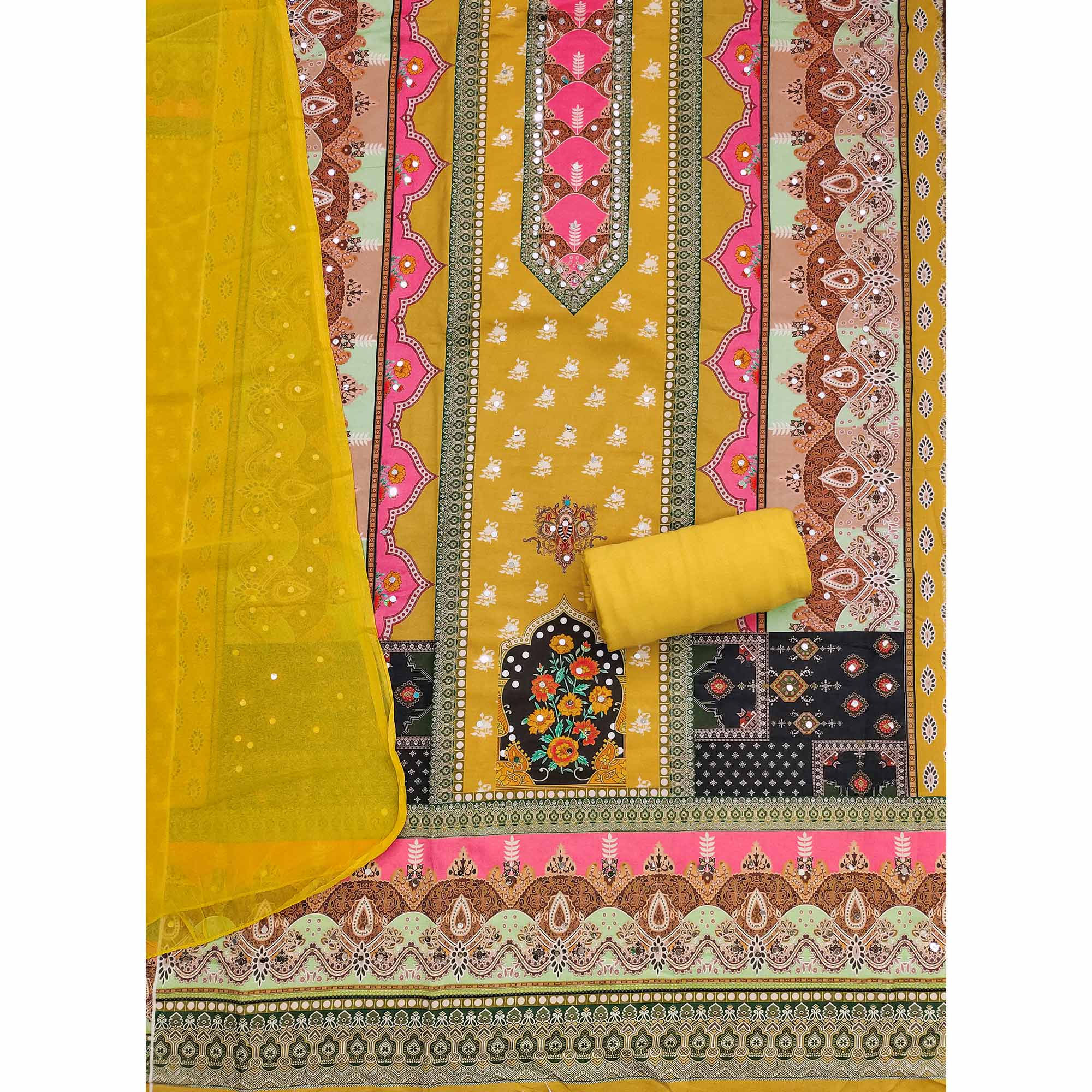 Yellow Floral Digital Printed Rayon Dress Material Enhanced With Mirror Work