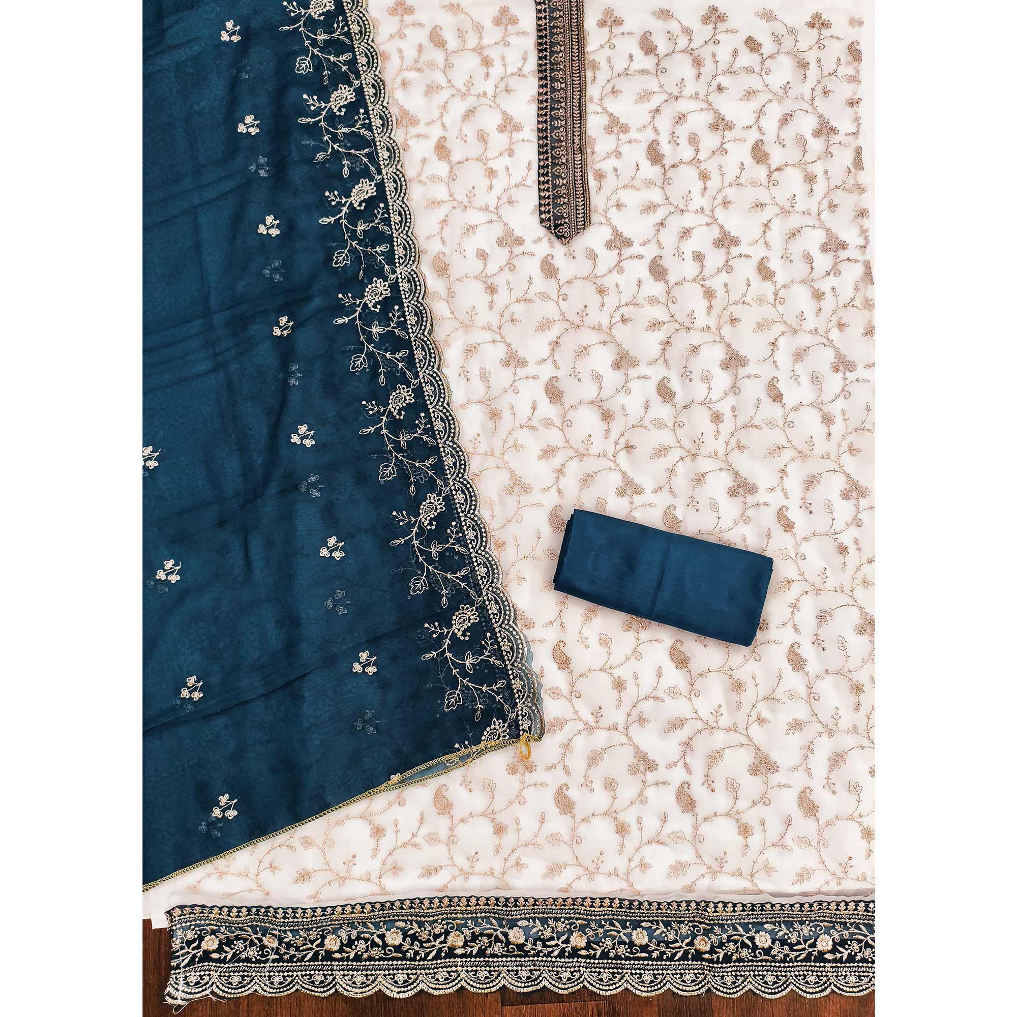White & Blue Georgette Dress Material Showcasing Elegant Floral Thread Embroidery Work