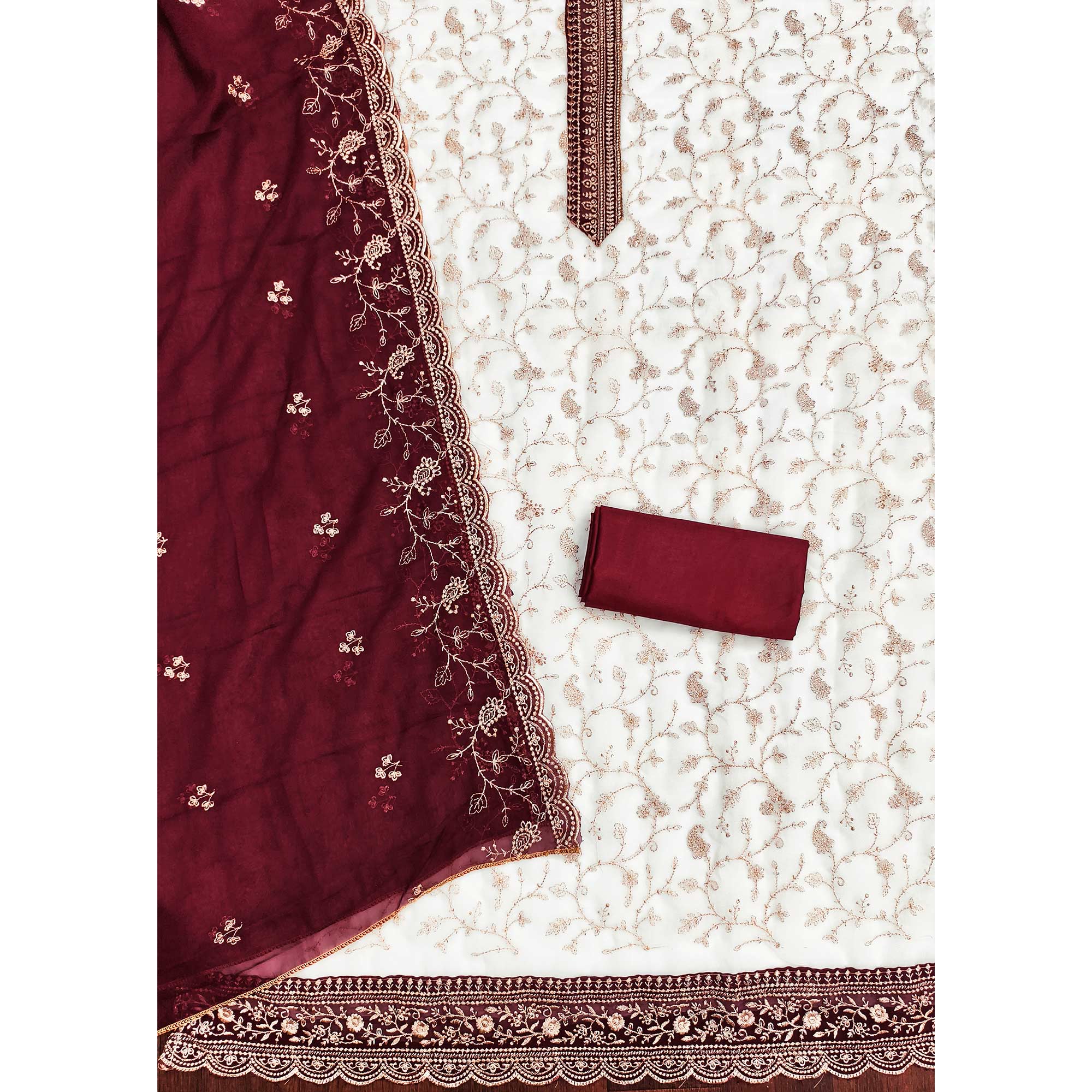 White & Maroon Georgette Dress Material Showcasing Elegant Floral Thread Embroidery Work