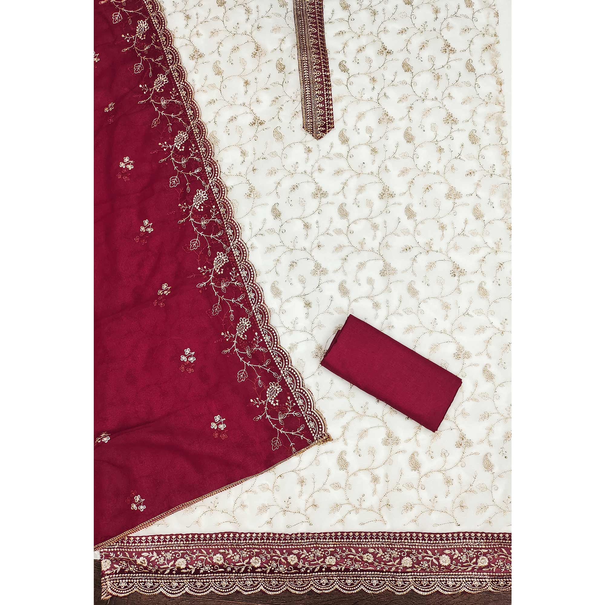 White & Pink Georgette Dress Material Showcasing Elegant Floral Thread Embroidery Work