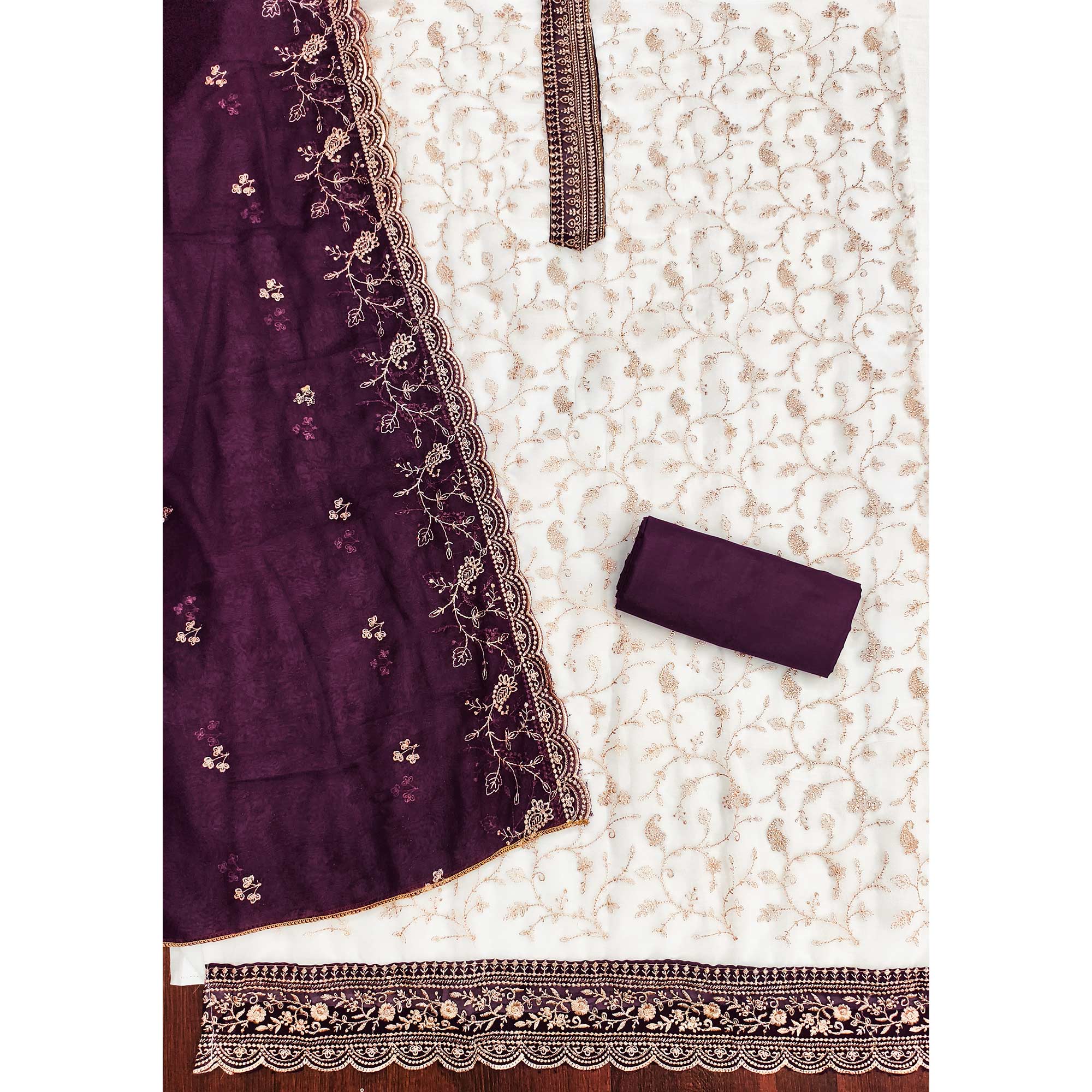 White & Wine Georgette Dress Material Showcasing Elegant Floral Thread Embroidery Work