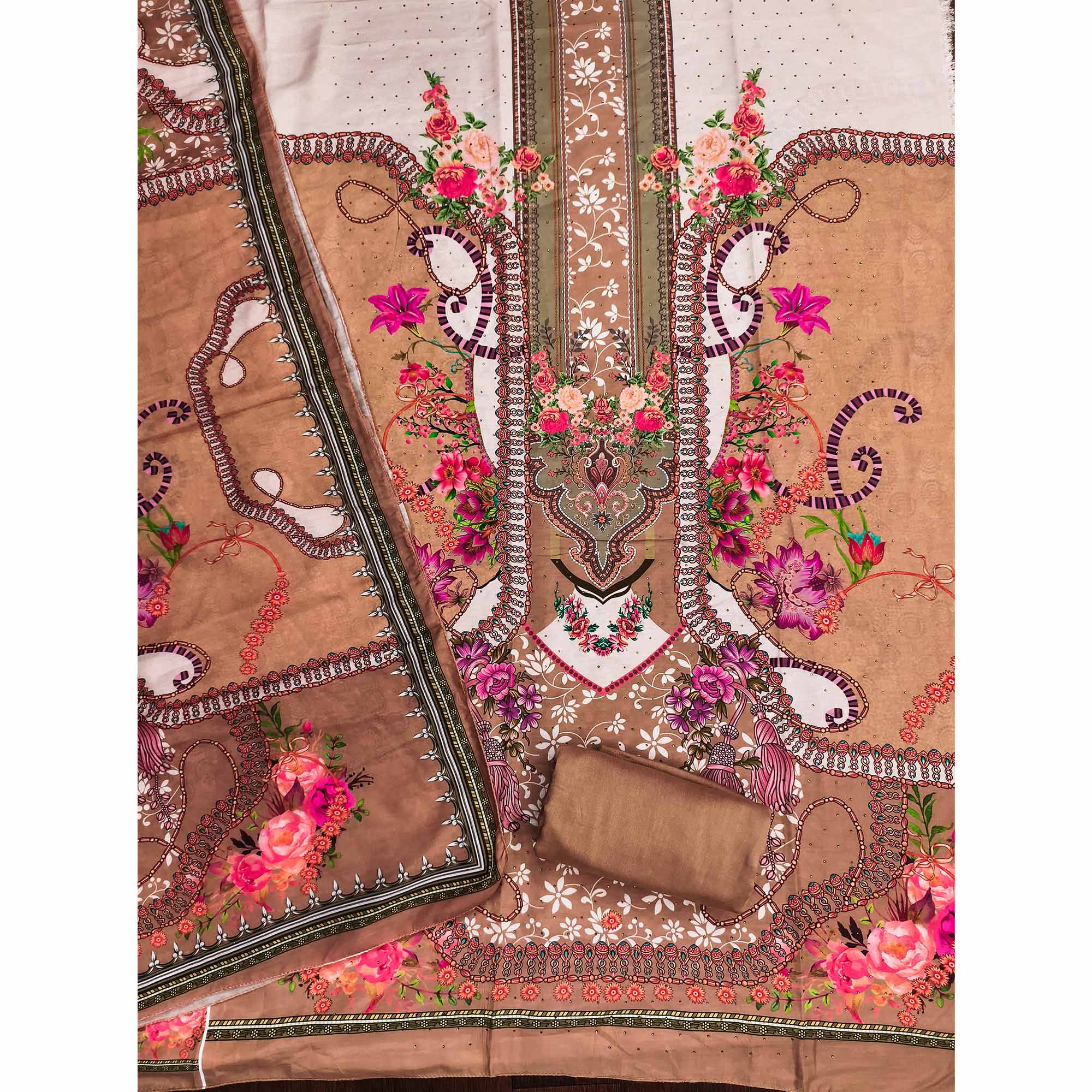 Dusty Orange Muslin Dress Material Featuring Elegant Floral Digital Print With Swarovski Work