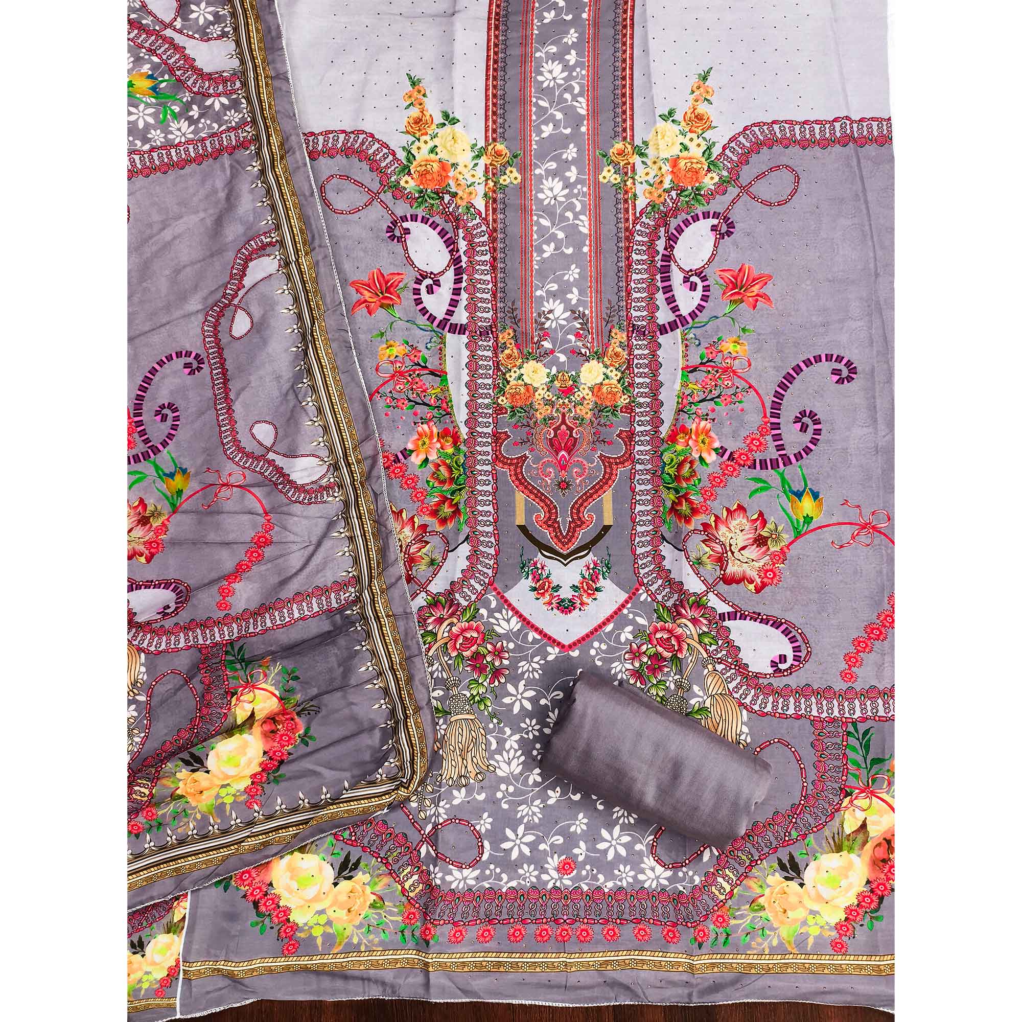 Grey Muslin Dress Material Featuring Elegant Floral Digital Print Adorned With Swarovski Work