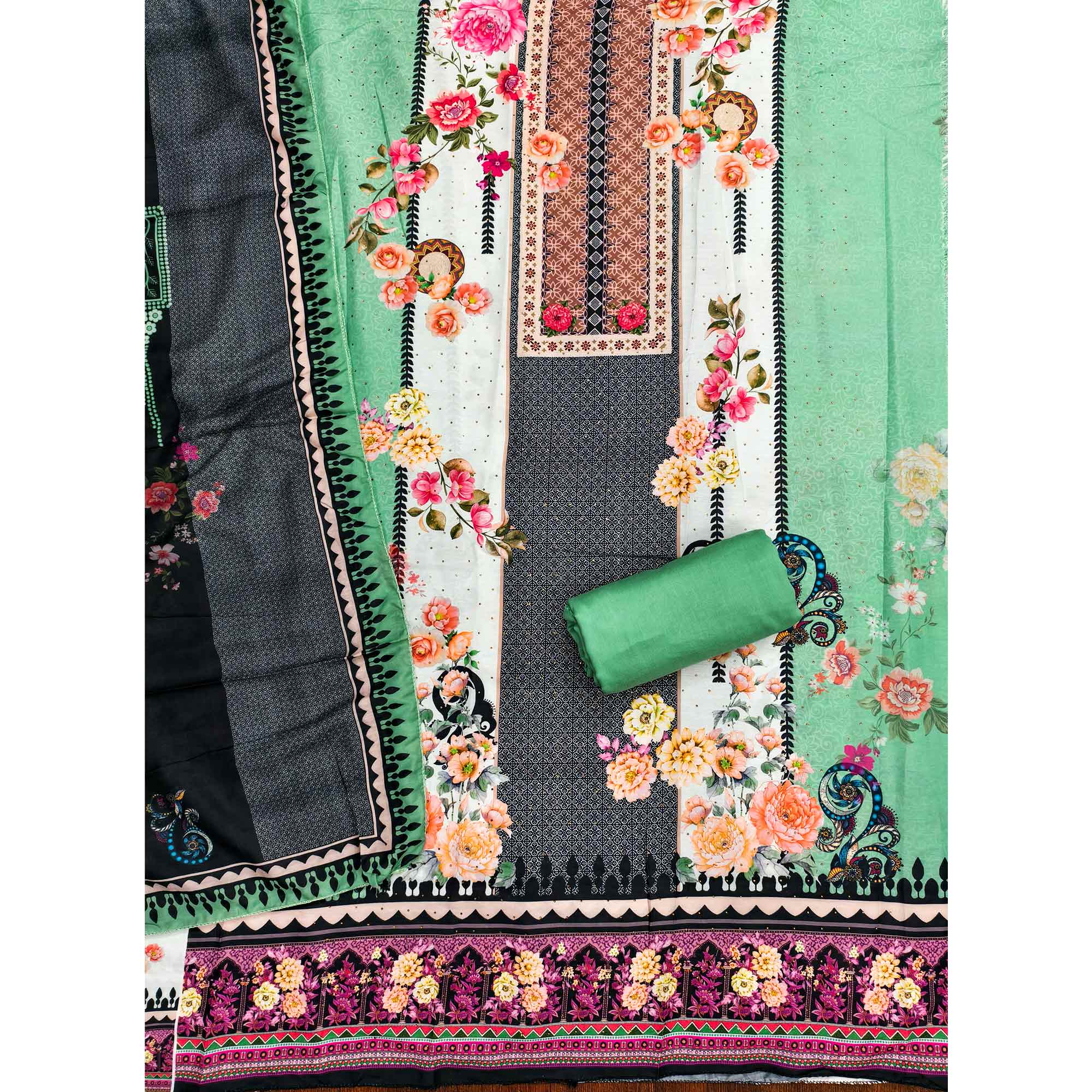 Charming Green Floral Digital Printed Muslin Dress Material With Subtle Swarovski Work
