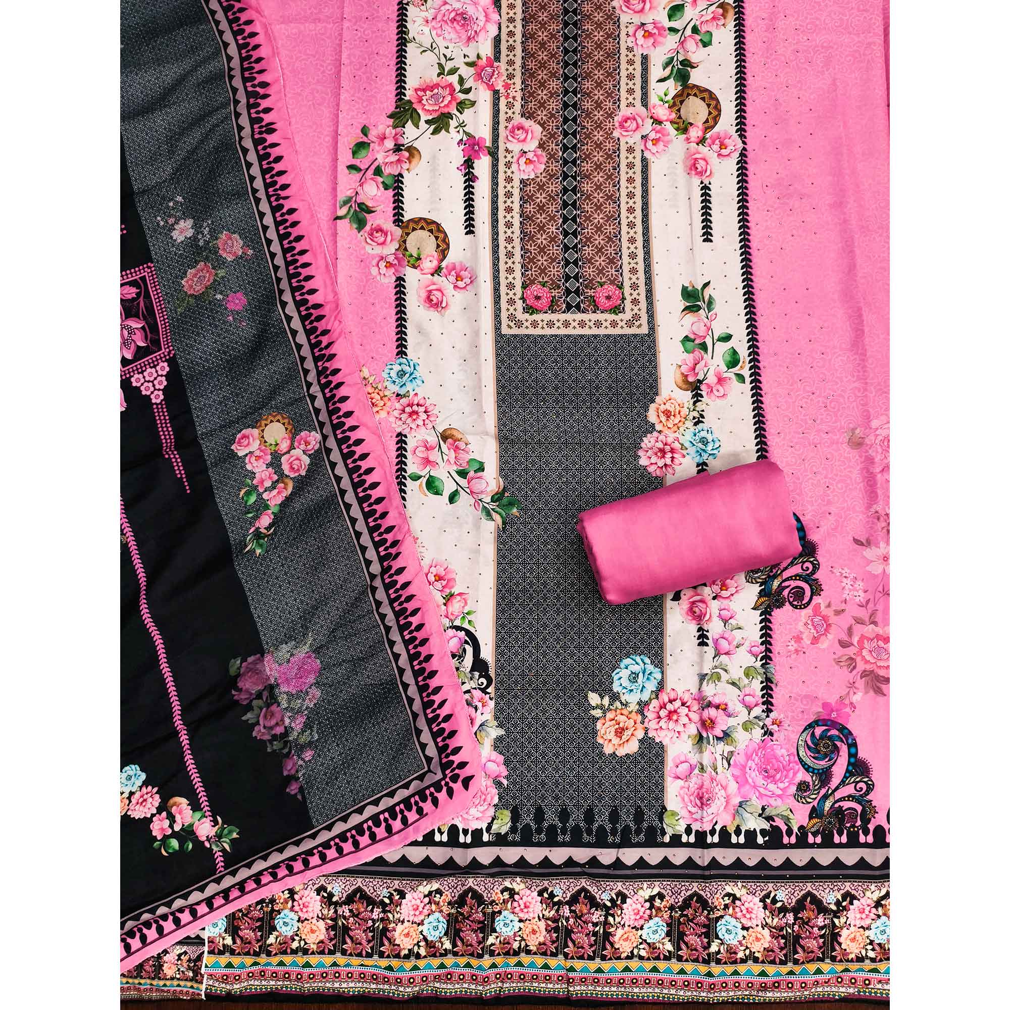 Charming Pink Floral Digital Printed Muslin Dress Material With Subtle Swarovski Work