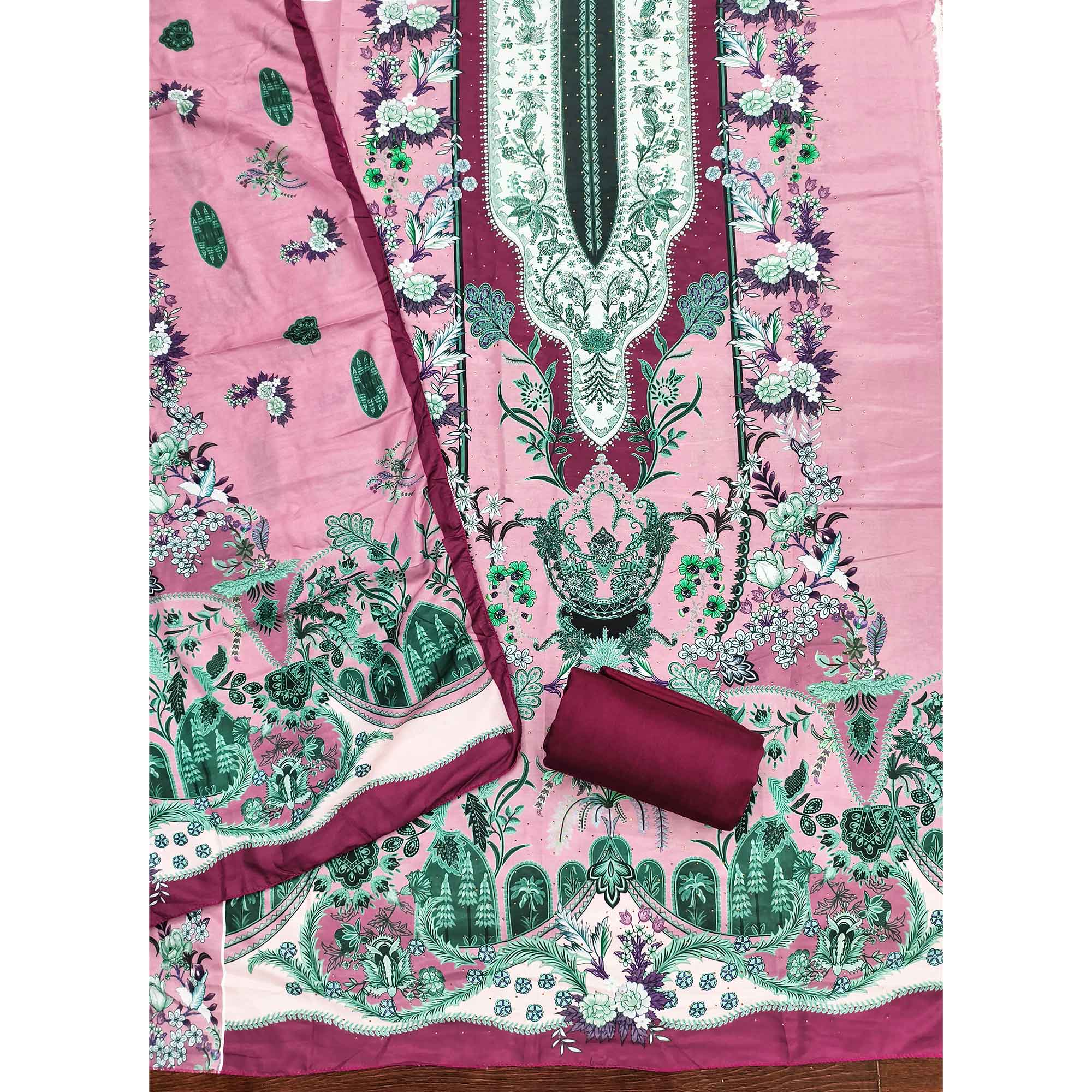 Pink Floral Digital Printed Muslin Dress Material Enhanced With Shimmering Swarovski Work