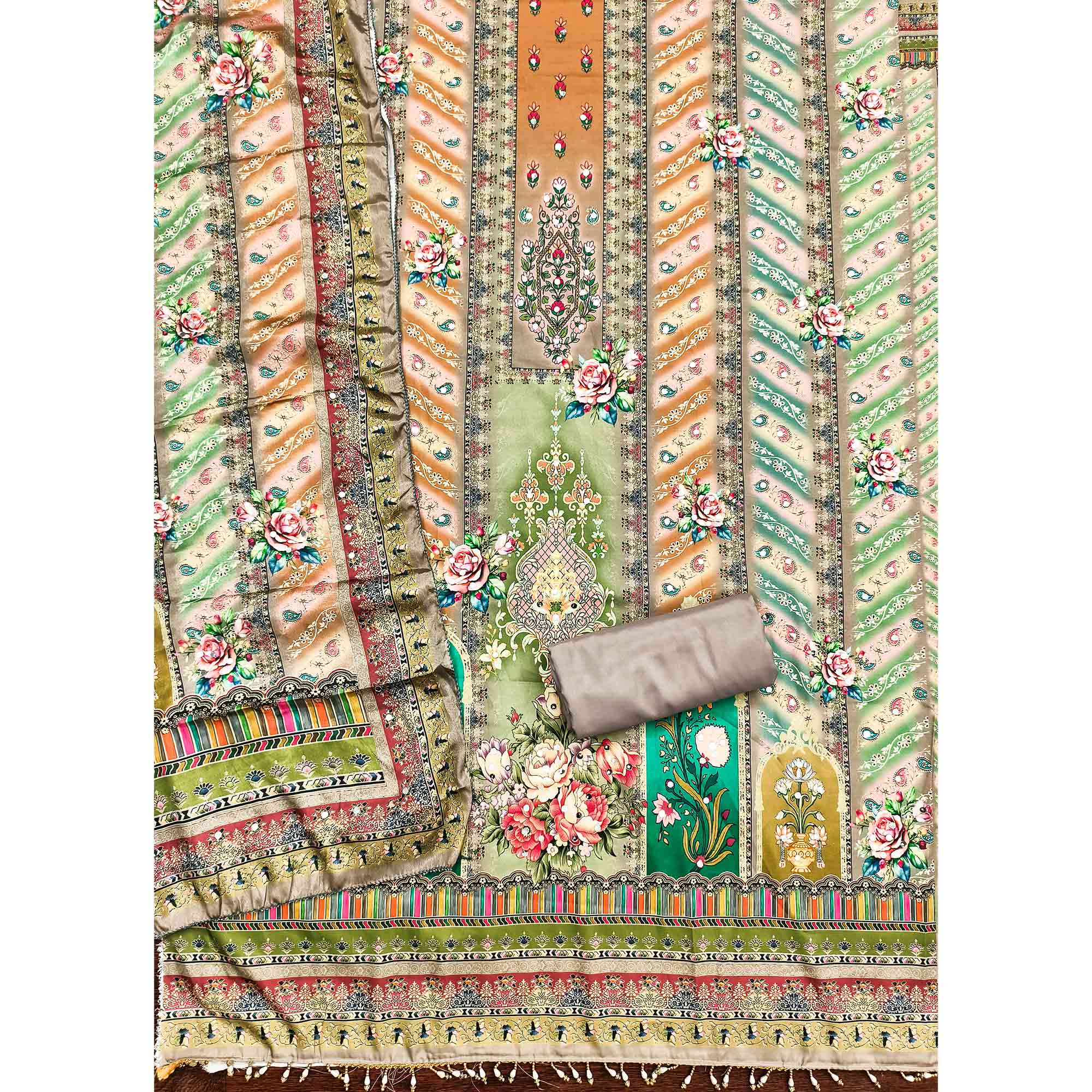 Grey Muslin Dress Material Featuring Graceful Floral Digital Print Embellished With Mirror Work