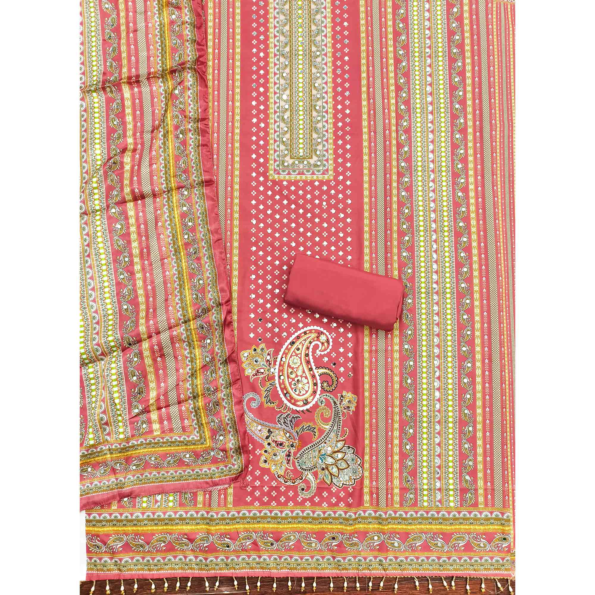 Soothing Pink Floral Digital Printed Dress Material Crafted From Muslin With Mirror Work