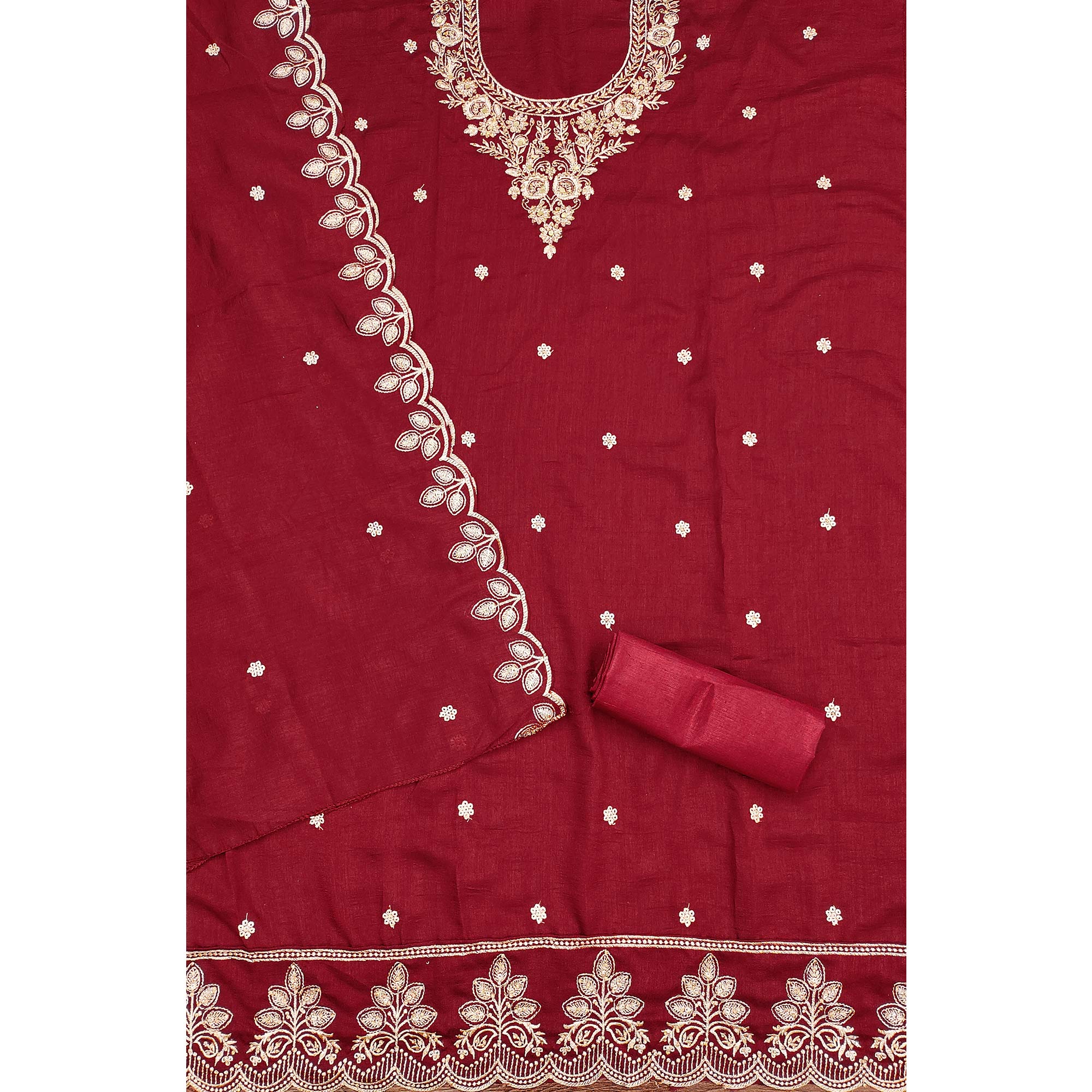 Graceful Maroon Floral Embroidered Vichitra Silk Dress Material Enhanced With Diamond Work