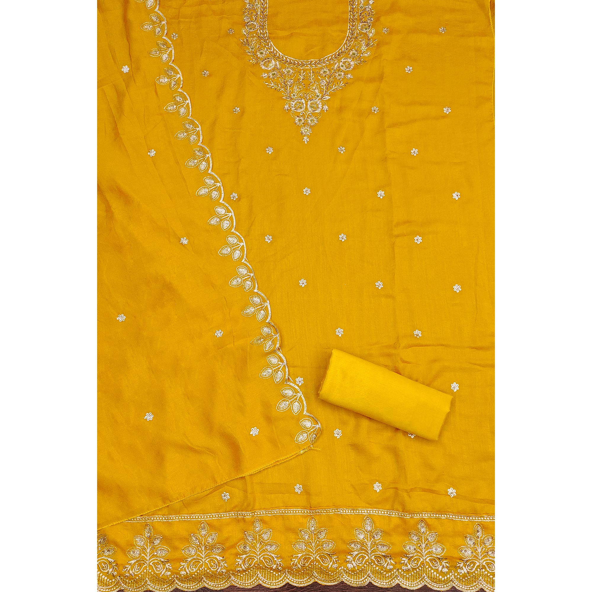 Graceful Mustard Floral Embroidered Vichitra Silk Dress Material Enhanced With Diamond Work