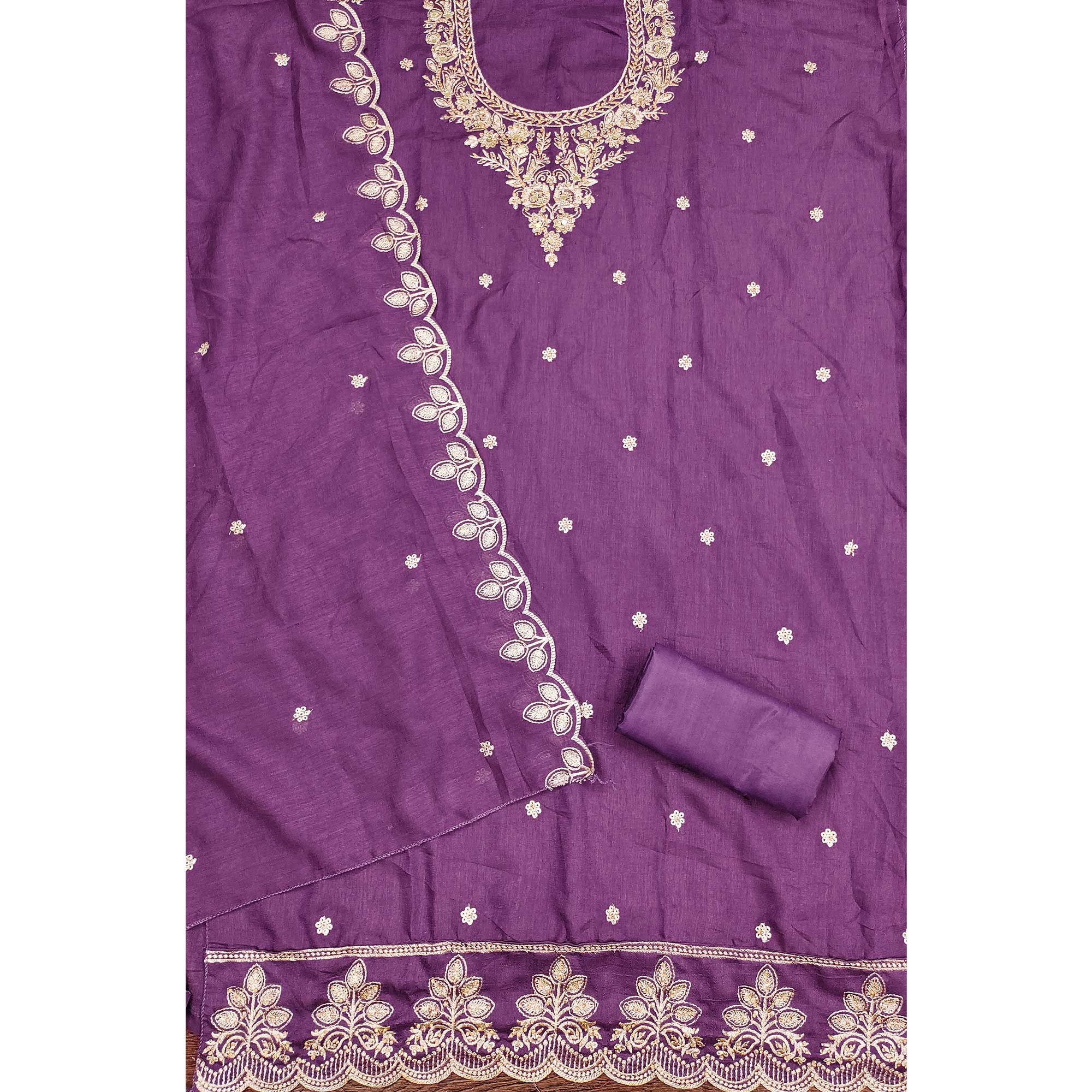 Graceful Purple Floral Embroidered Vichitra Silk Dress Material Enhanced With Diamond Work