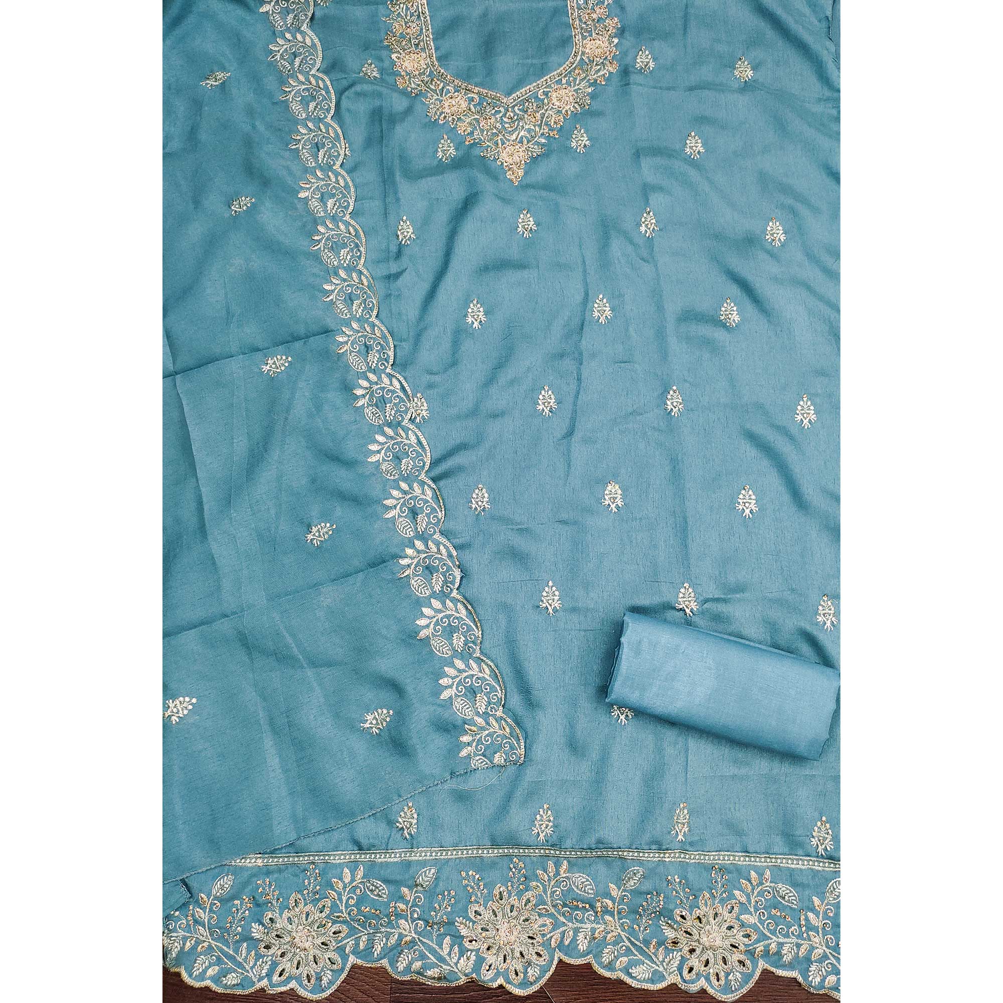Graceful Blue Floral Embroidered Vichitra Silk Dress Material Enhanced With Diamond Work