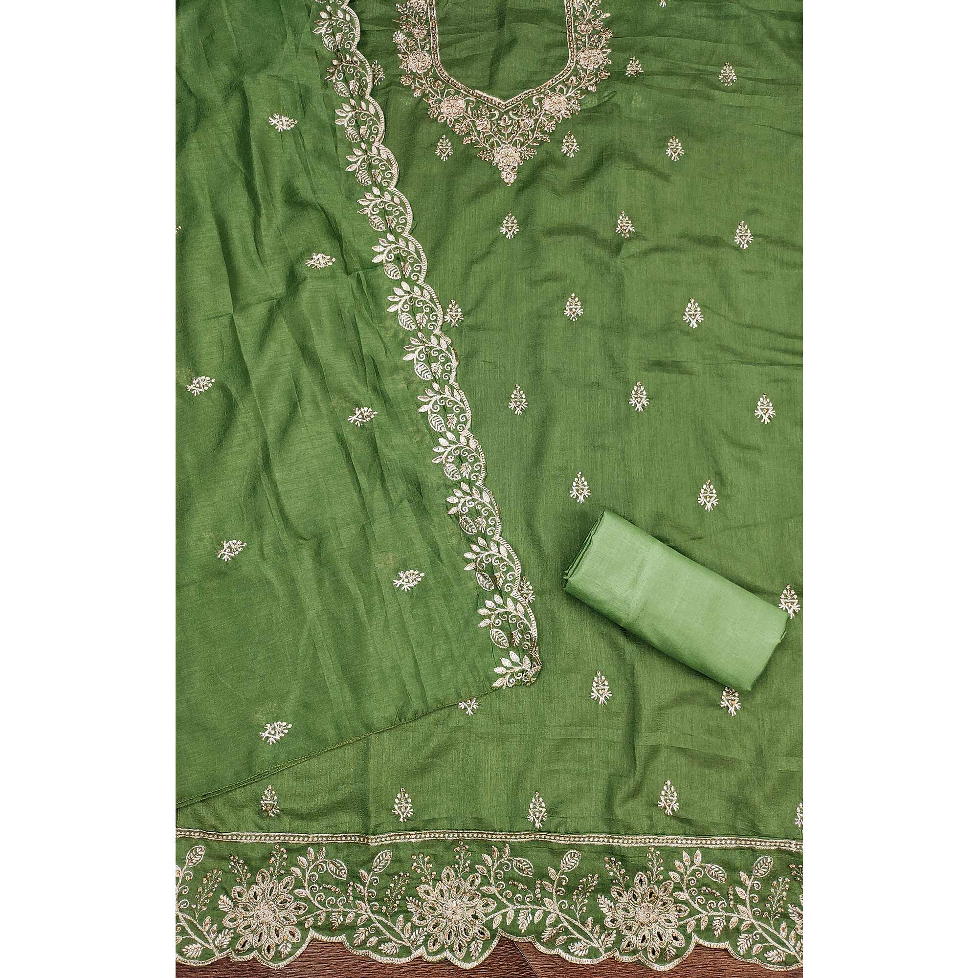 Graceful Green Floral Embroidered Vichitra Silk Dress Material Enhanced With Diamond Work