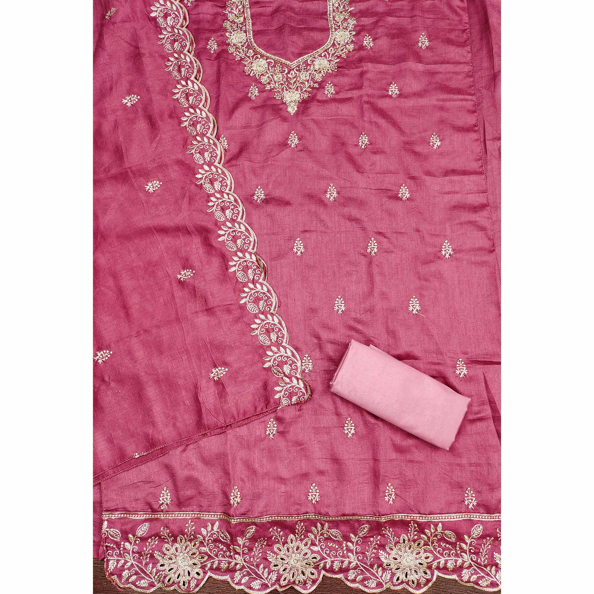 Graceful Pink Floral Embroidered Vichitra Silk Dress Material Enhanced With Diamond Work