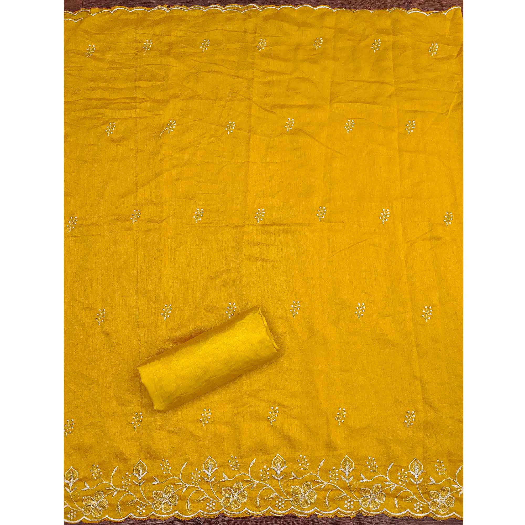 Elegant Mustard Vichitra Silk Dress Material Adorned With Exquisite Floral Zari Embroidery Work