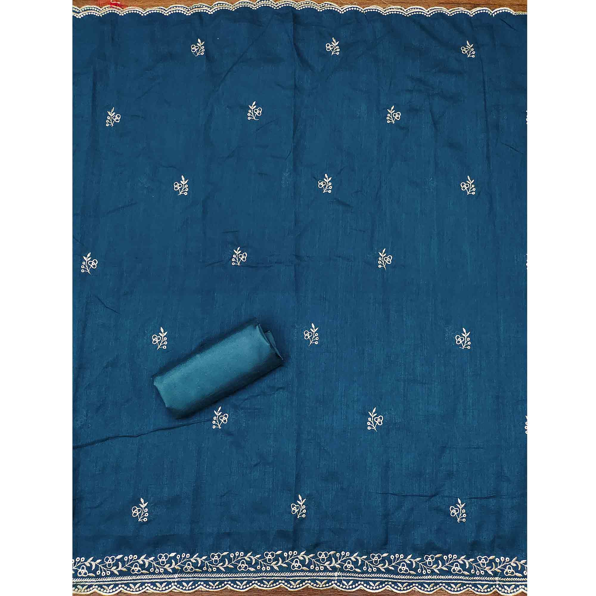 Graceful Blue Floral Embroidered Vichitra Silk Dress Material Enhanced With Sparkling Swarovski