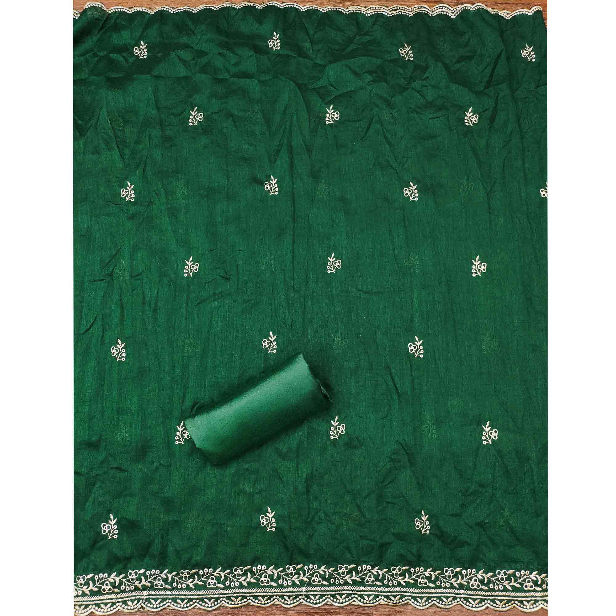 Graceful Green Floral Embroidered Vichitra Silk Dress Material Enhanced With Sparkling Swarovski