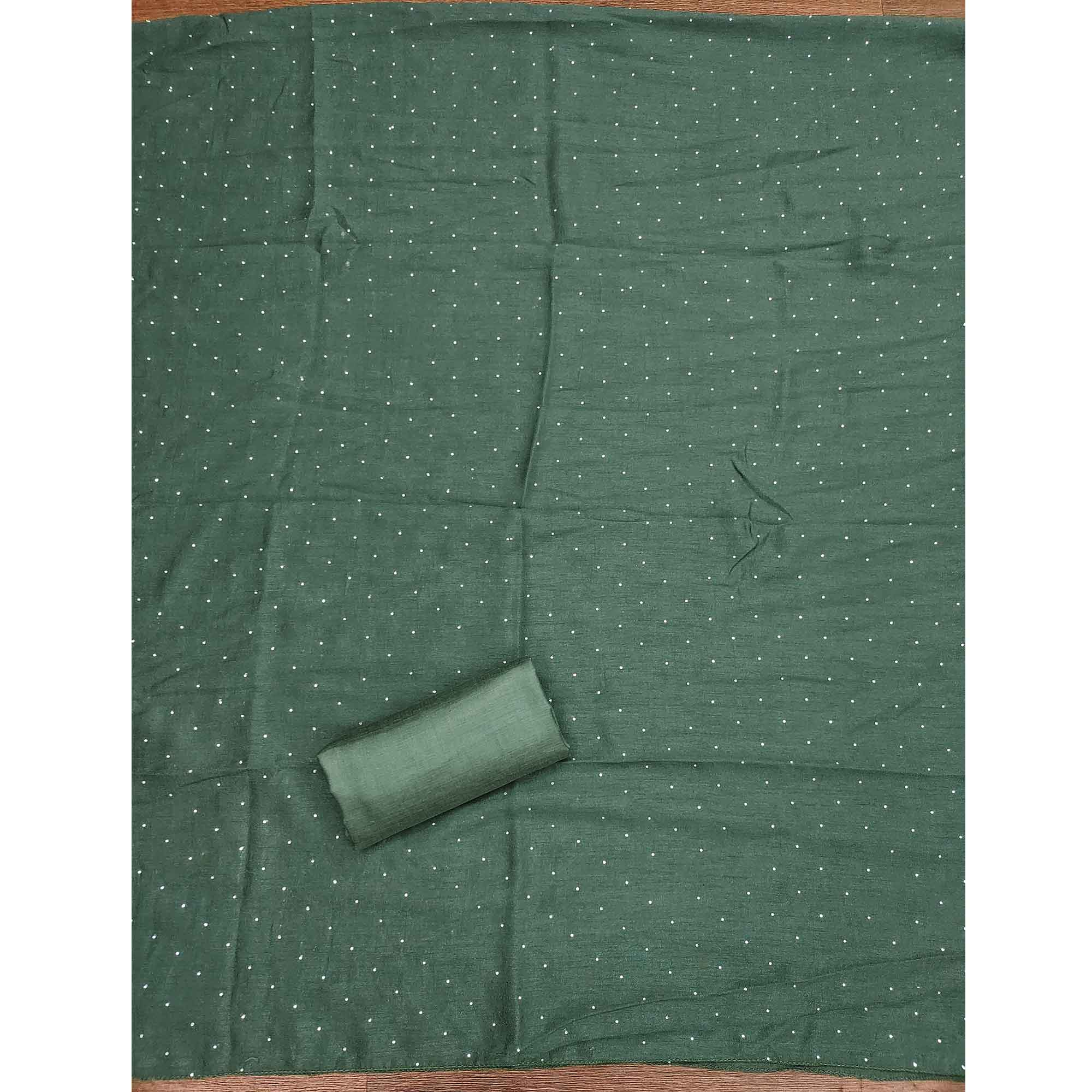 Gorgeous Green Floral Embroidered Vichitra Silk Dress Material Beautified With Swarovski Work