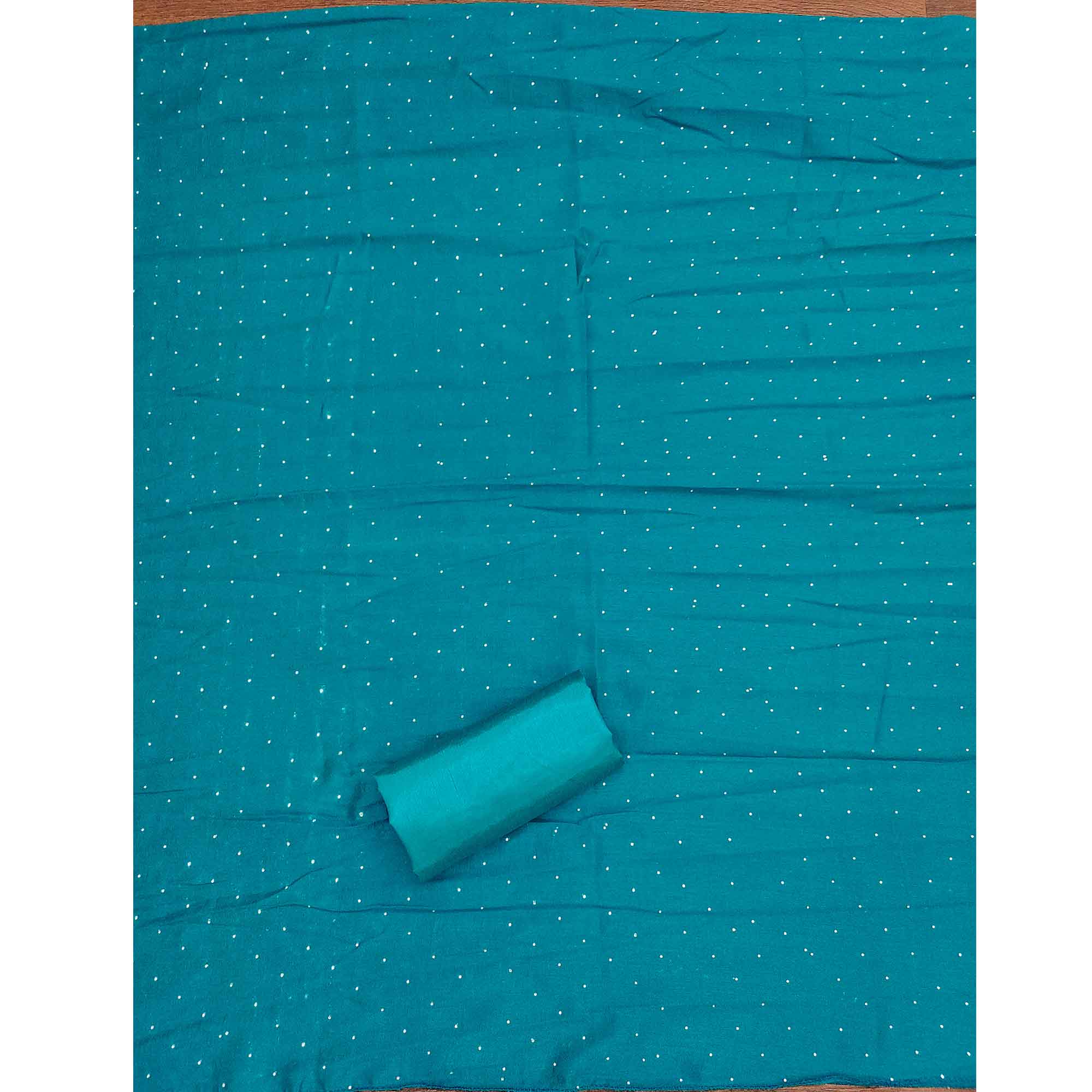 Gorgeous Teal Blue Floral Embroidered Vichitra Silk Dress Material Beautified With Swarovski Work