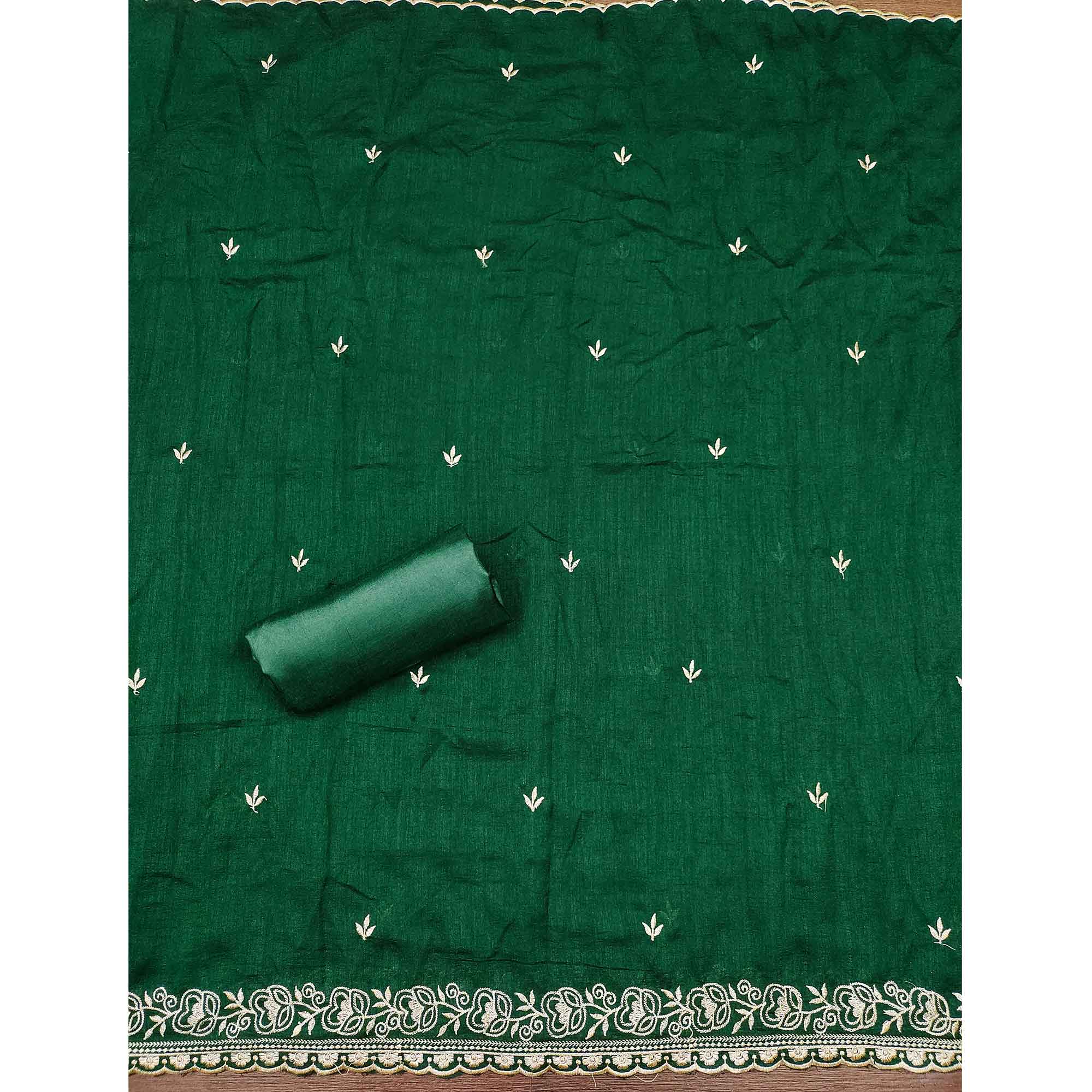 Regal Green Floral Embroidered Vichitra Silk Dress Material With Dazzling Swarovski Work Detailing