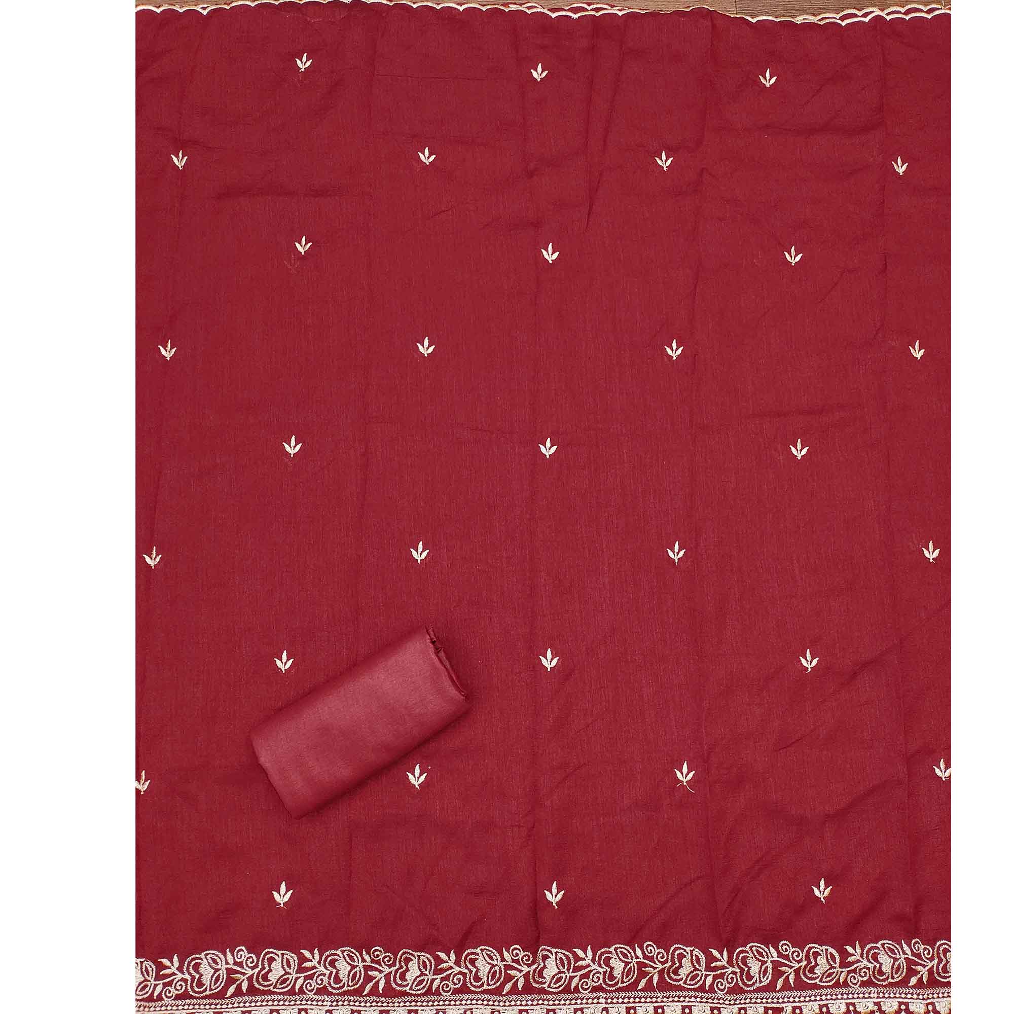 Regal Maroon Floral Embroidered Vichitra Silk Dress Material With Dazzling Swarovski Work Detailing